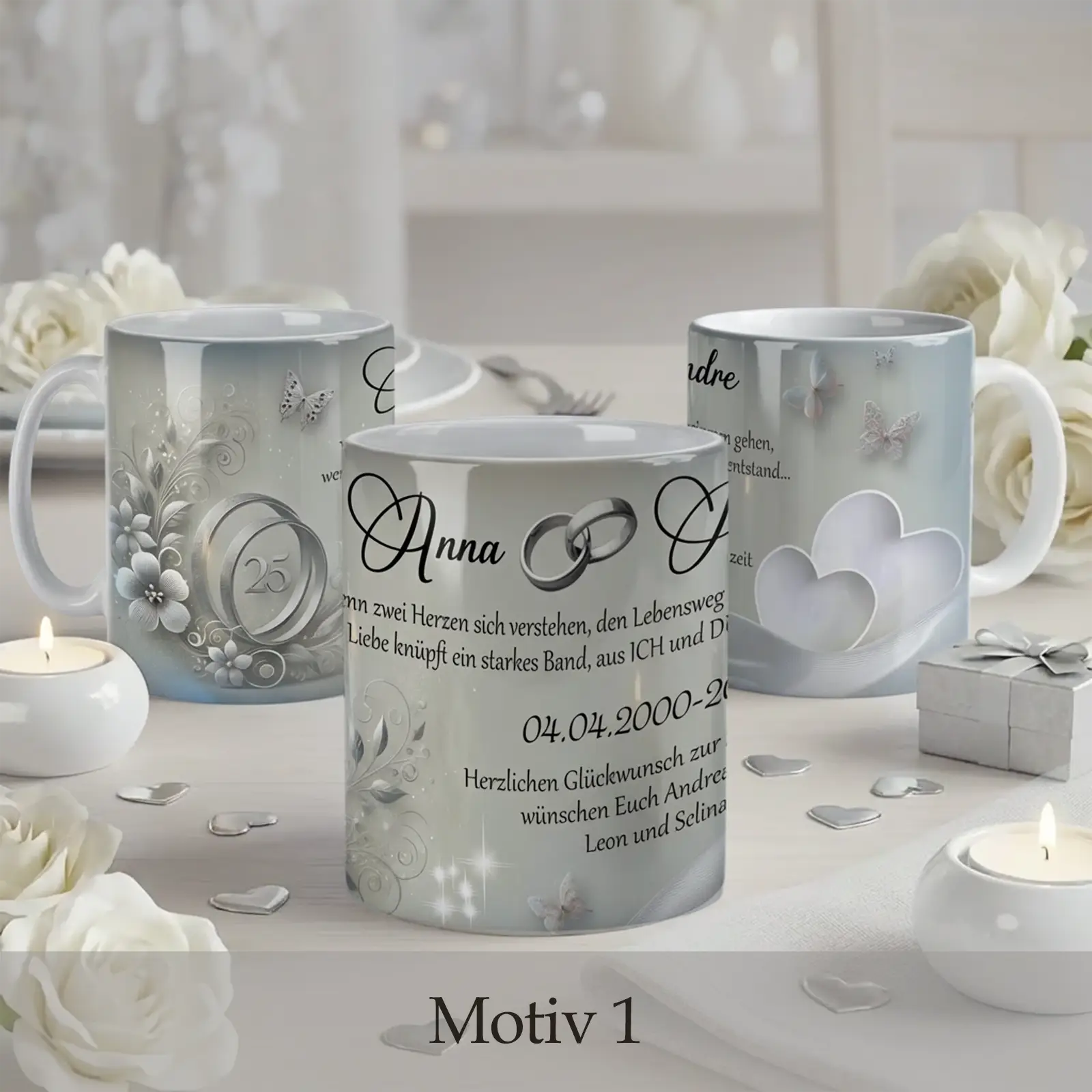 Personalisiertes Geschenk zur silbernen Hochzeit – eine Tasse zum 25. Hochzeitstag mit Namen und liebevollem Design.