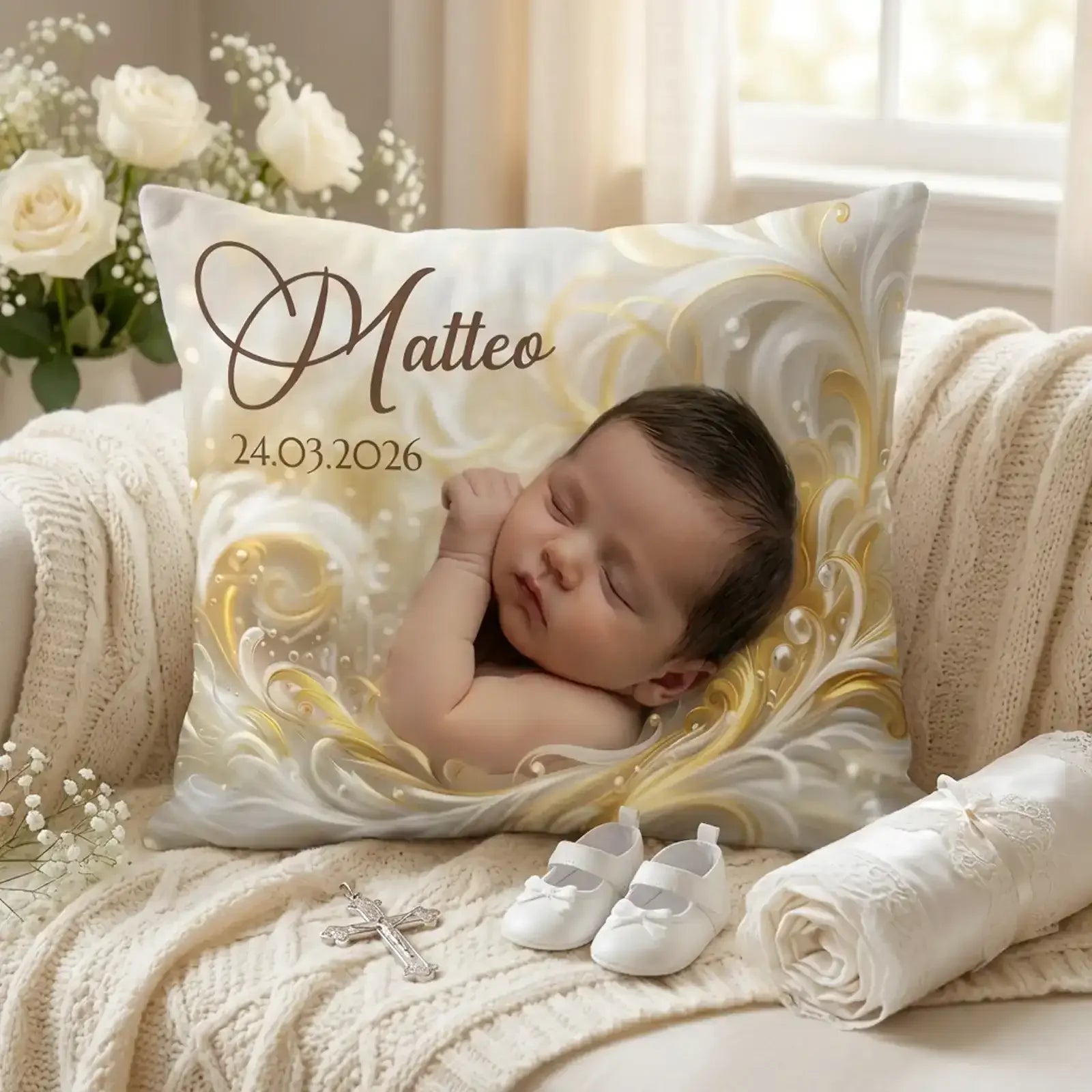 Einzigartiges Geschenk zur Geburt und Taufe: Kissen personalisiert mit Foto und Name als besonderes Taufgeschenk.