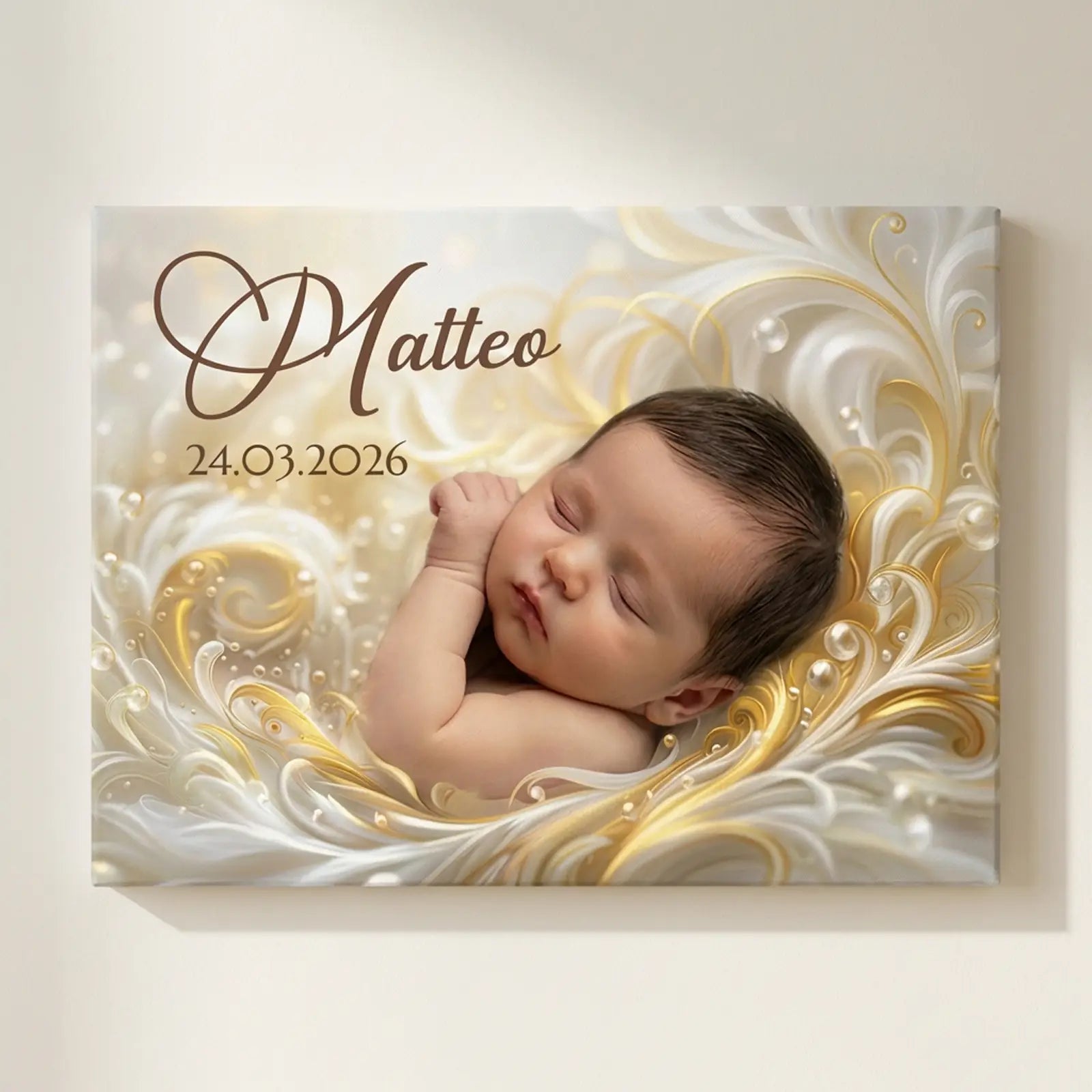 Romantische Leinwand mit Foto, Name und Datum als Geschenk zur Taufe. Personalisiertes Taufgeschenk für Eltern, Paten und Großeltern