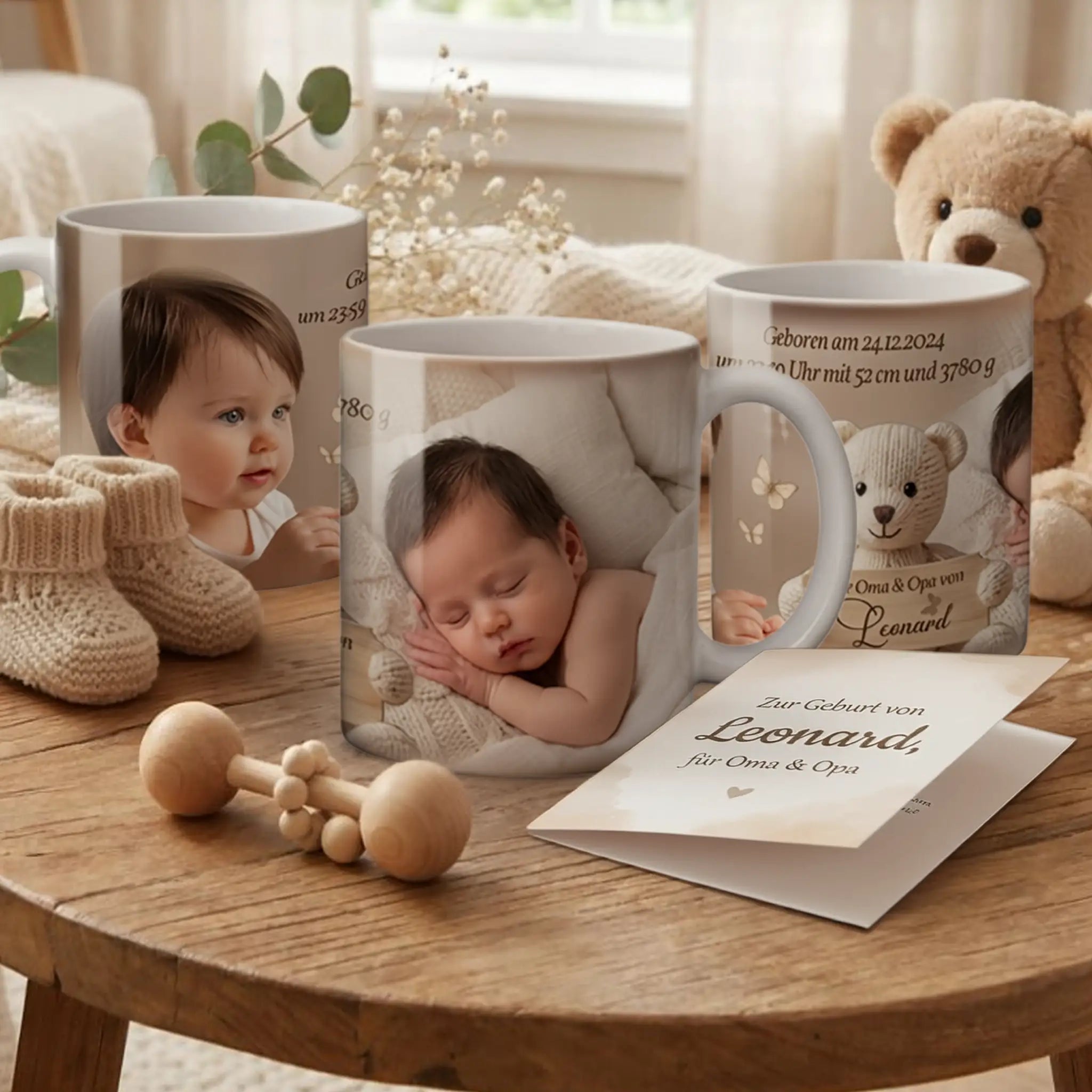 Personalisierte Fototasse als Geschenk zur Geburt  oder Taufe, mit Namen, Geburtsdaten und Teddybär-Motiv,
