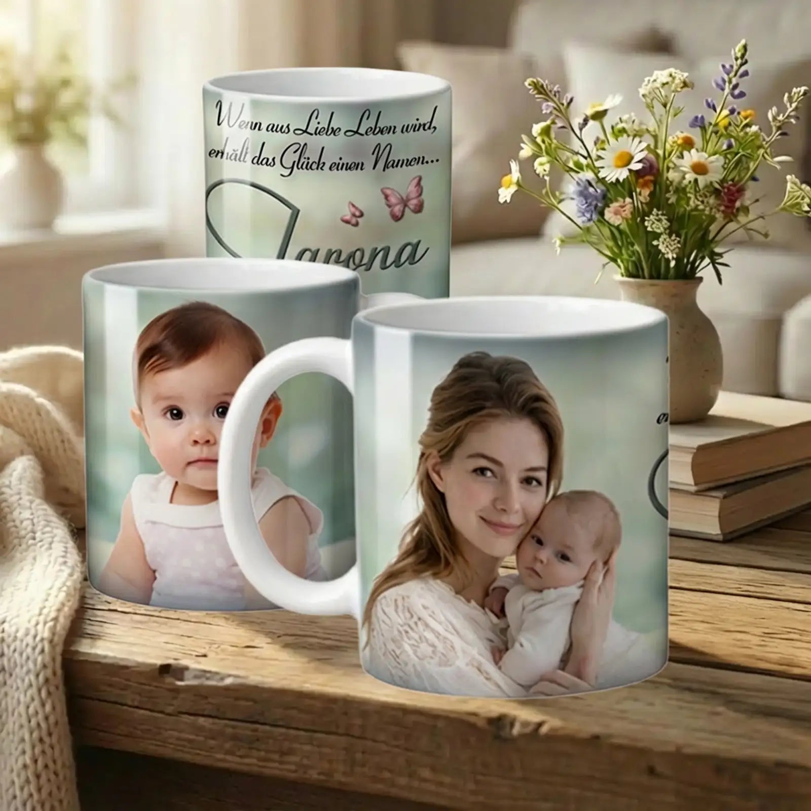 Personalisierte Tasse als Geschenk zur Geburt oder als Taufgeschenk, mit Foto, Name, Geburtsdatum und Spruch