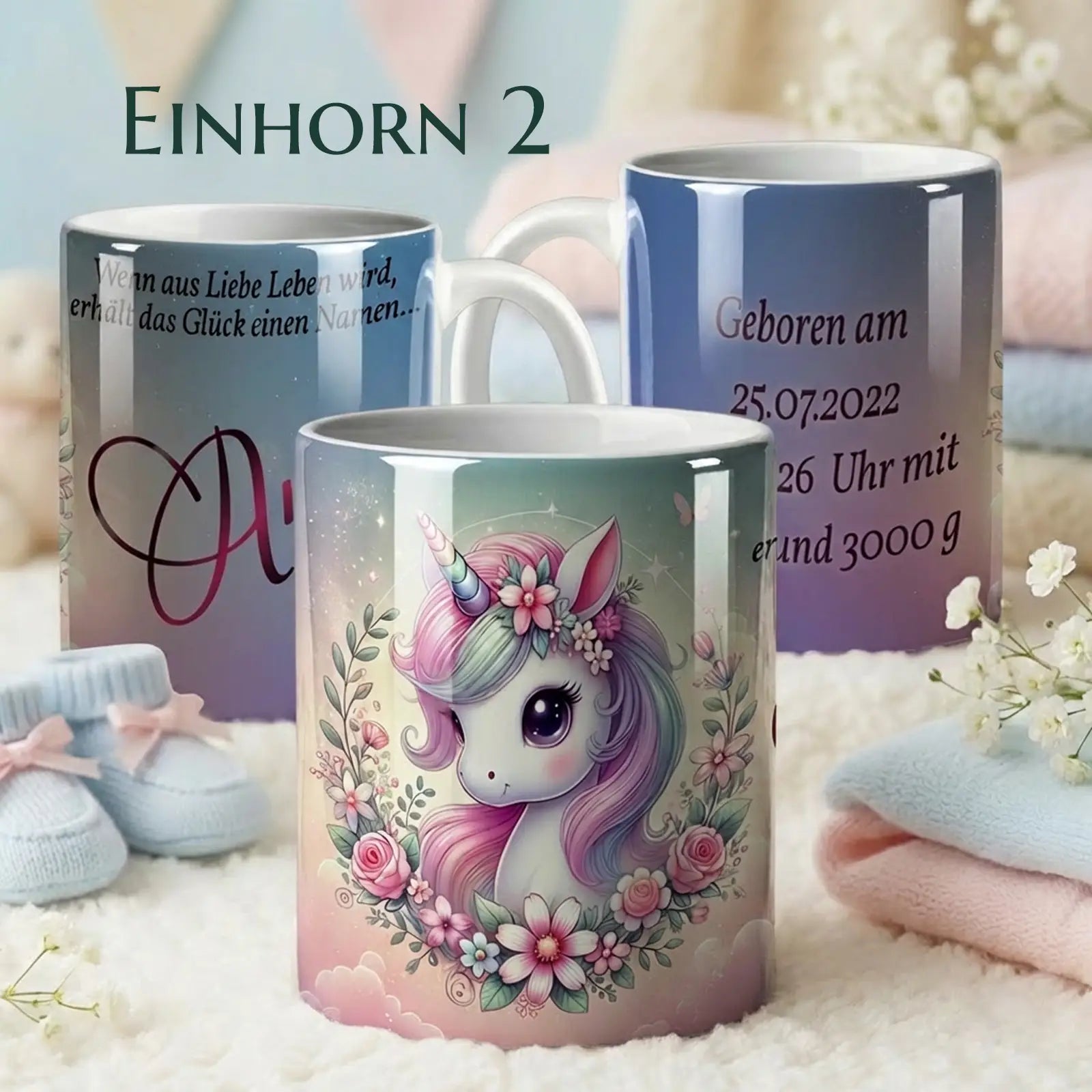 Magische personalisierte Tasse als Geschenk zur Taufe oder Geburt – besonderes Taufgeschenk mit Namen und Datum mit Einhorn-Motiv