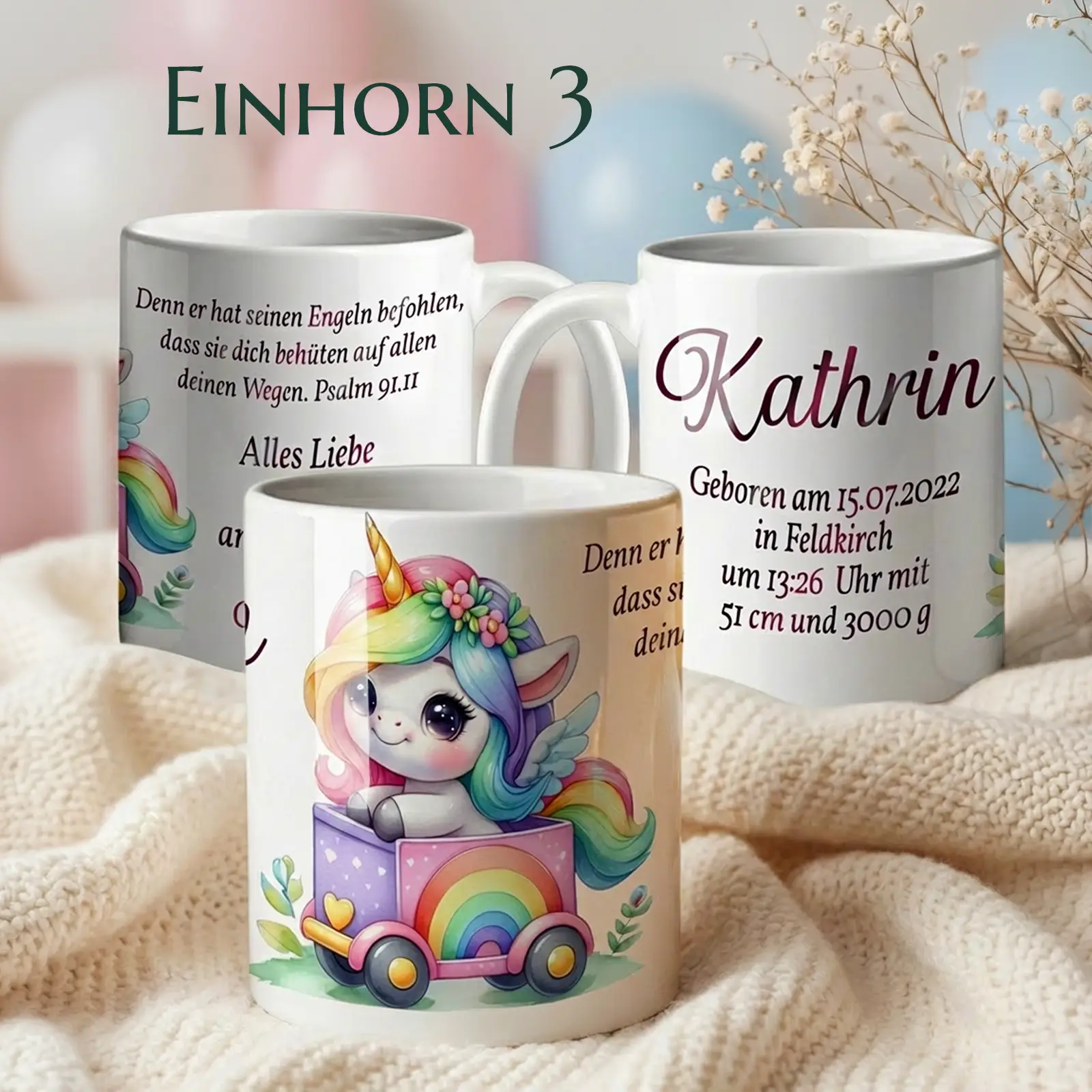 Farbige personalisierte Tasse als Geschenk zur Taufe oder Geburt – individuelles Taufgeschenk mit Namen und Datum im Einhorn-Stil