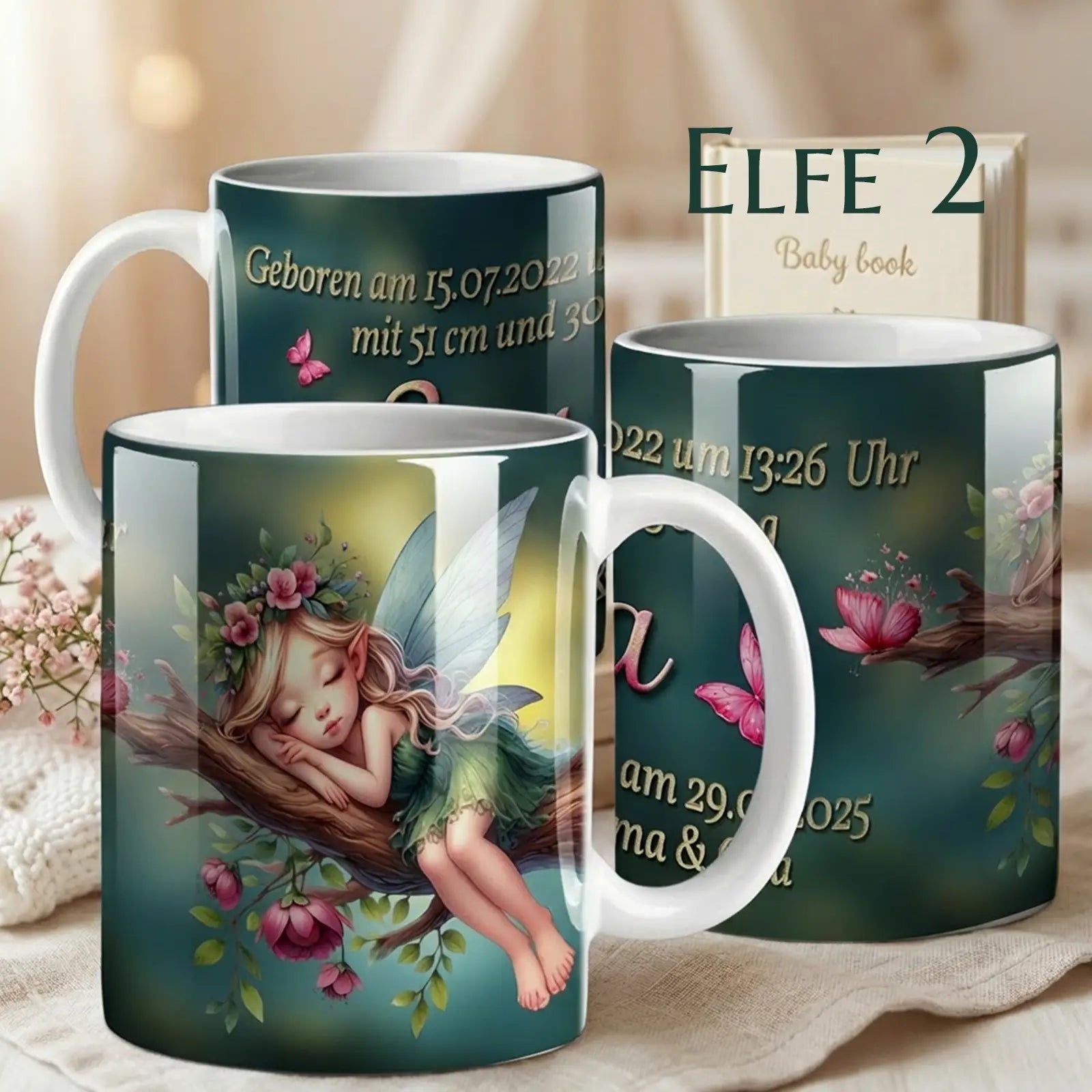 Märchenhafte personalisierte Tasse als Geschenk zur Taufe oder Geburt – besonderes Taufgeschenk mit Namen und Datum mit Elfen-Motiv