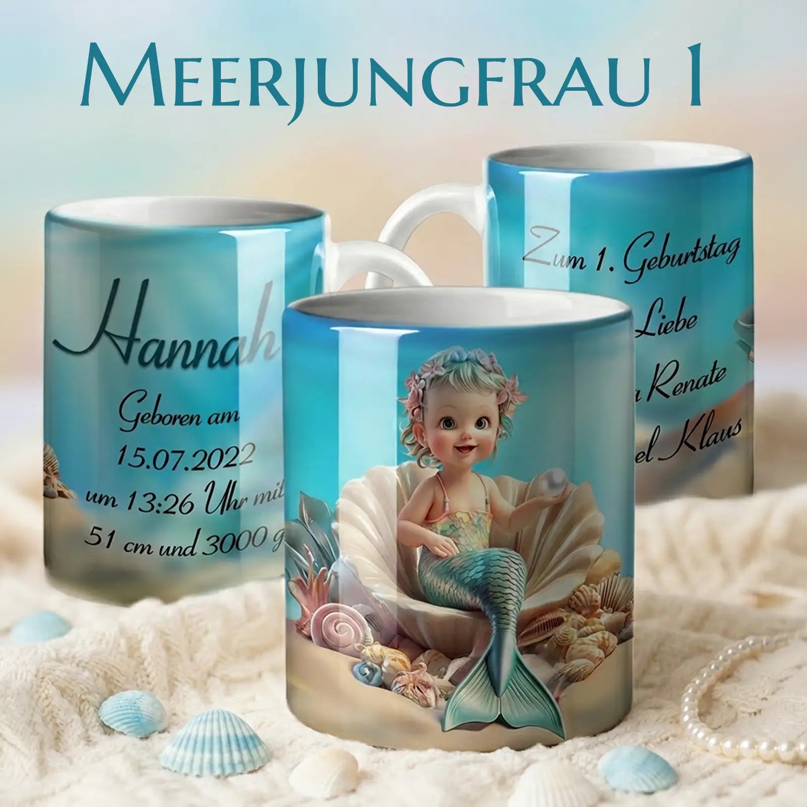 Niedliche personalisierte Tasse als Geschenk zur Taufe oder Geburt – liebevolles Taufgeschenk mit Namen und Datum im Meerjungfrau-Design