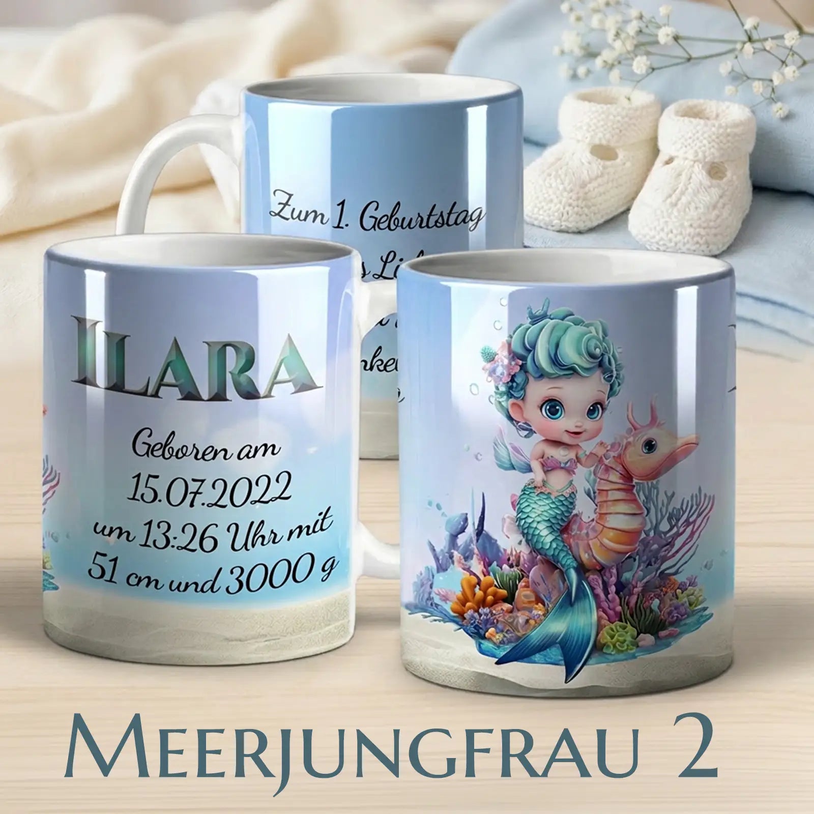 Fantasievolle personalisierte Tasse als Geschenk zur Taufe oder Geburt – besonderes Taufgeschenk mit Namen und Datum mit Meerjungfrau-Motiv
