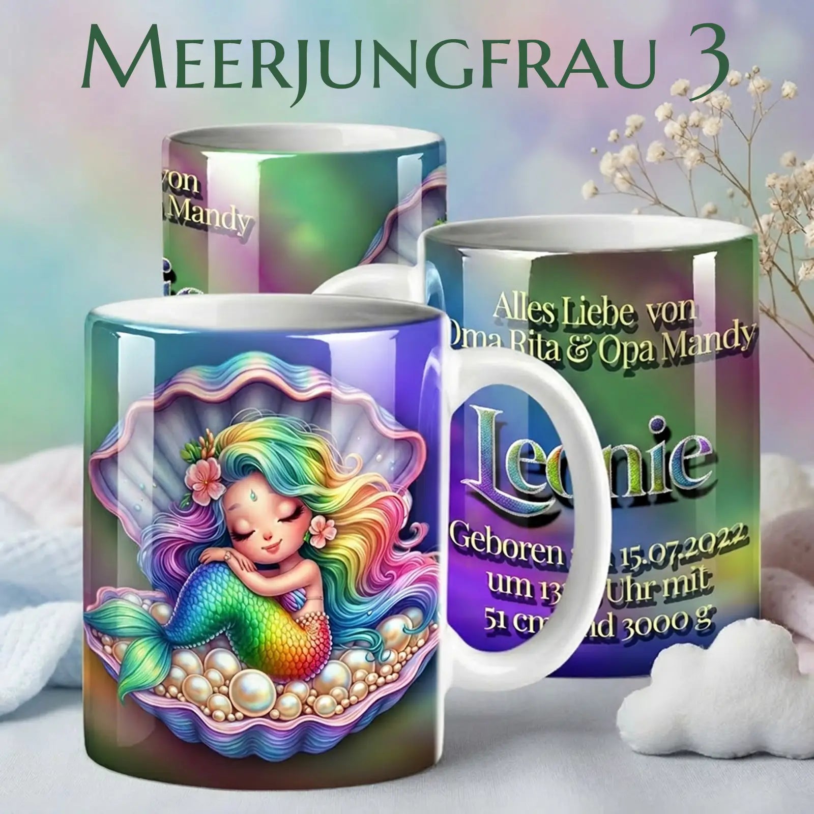 Farbintensive personalisierte Tasse als Geschenk zur Taufe oder Geburt – individuelles Taufgeschenk mit Namen und Datum im Meerjungfrau-Stil
