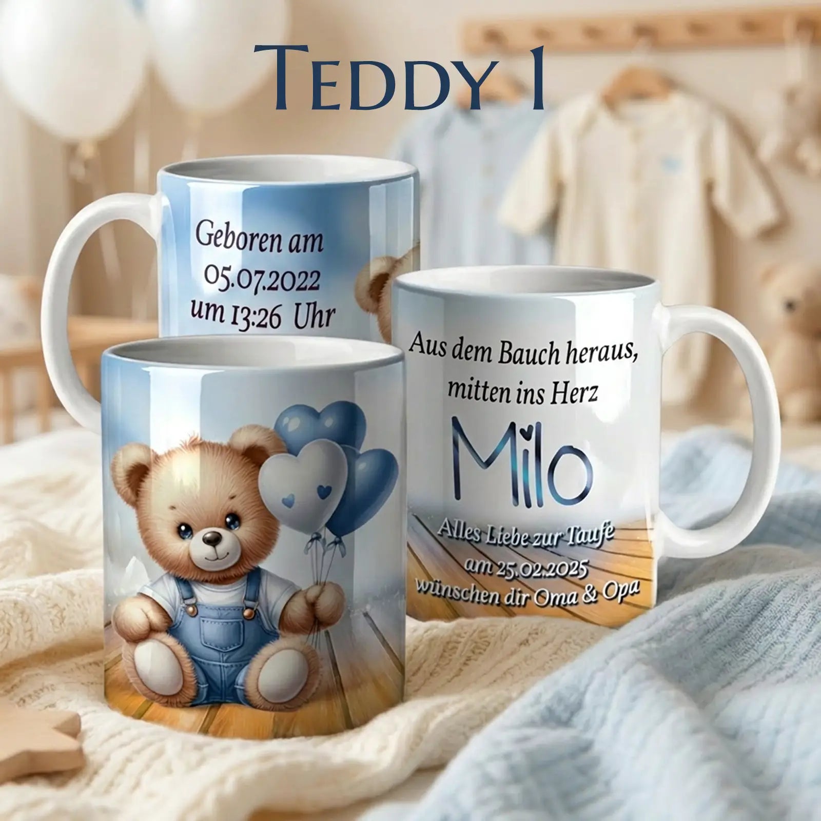 Kuschelige personalisierte Tasse als Geschenk zur Taufe oder Geburt – liebevolles Taufgeschenk mit Namen und Datum im Teddy-Design