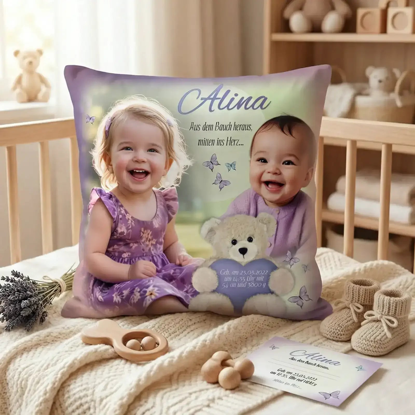 Personalisiertes Kissen als Taufgeschenk zur Taufe und Geburt mit Foto und Name für eine wertvolle Erinnerung.