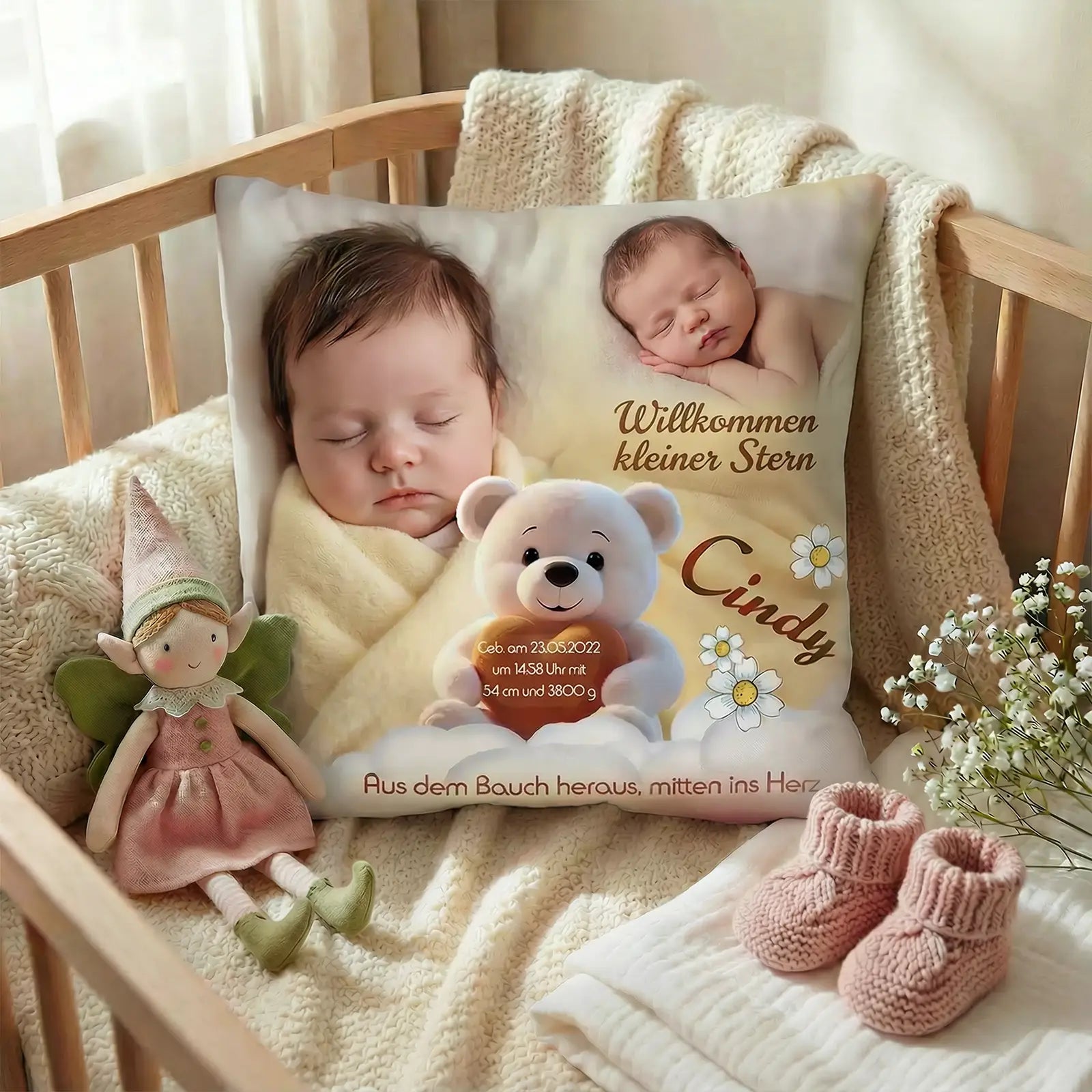 Geschenk zur Taufe und Geburt – personalisiertes Kissen mit Foto und Namen