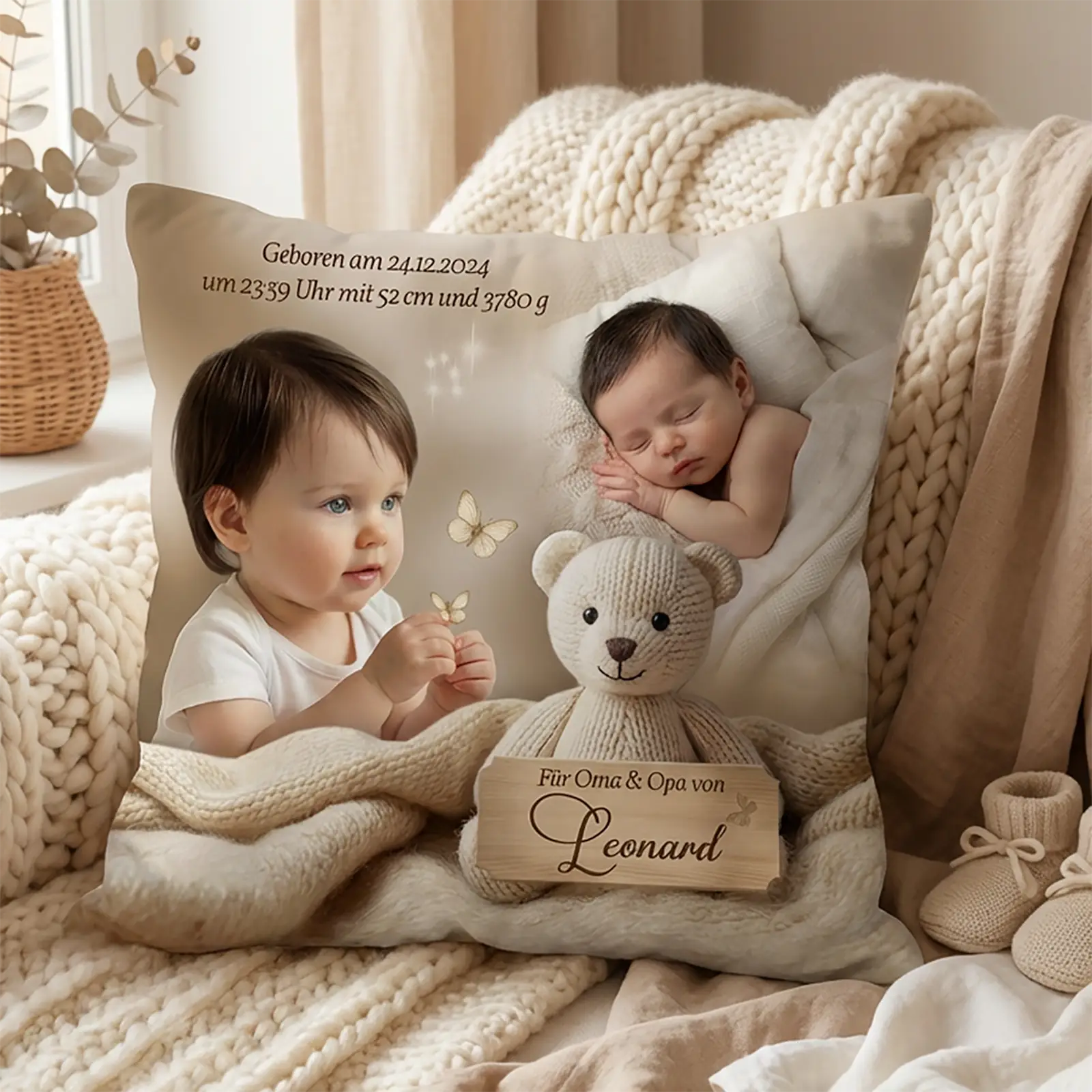 Personalisiertes Kissen zur Geburt und Taufe mit Foto und Name als liebevolles Taufgeschenk für einen besonderen Anlass.