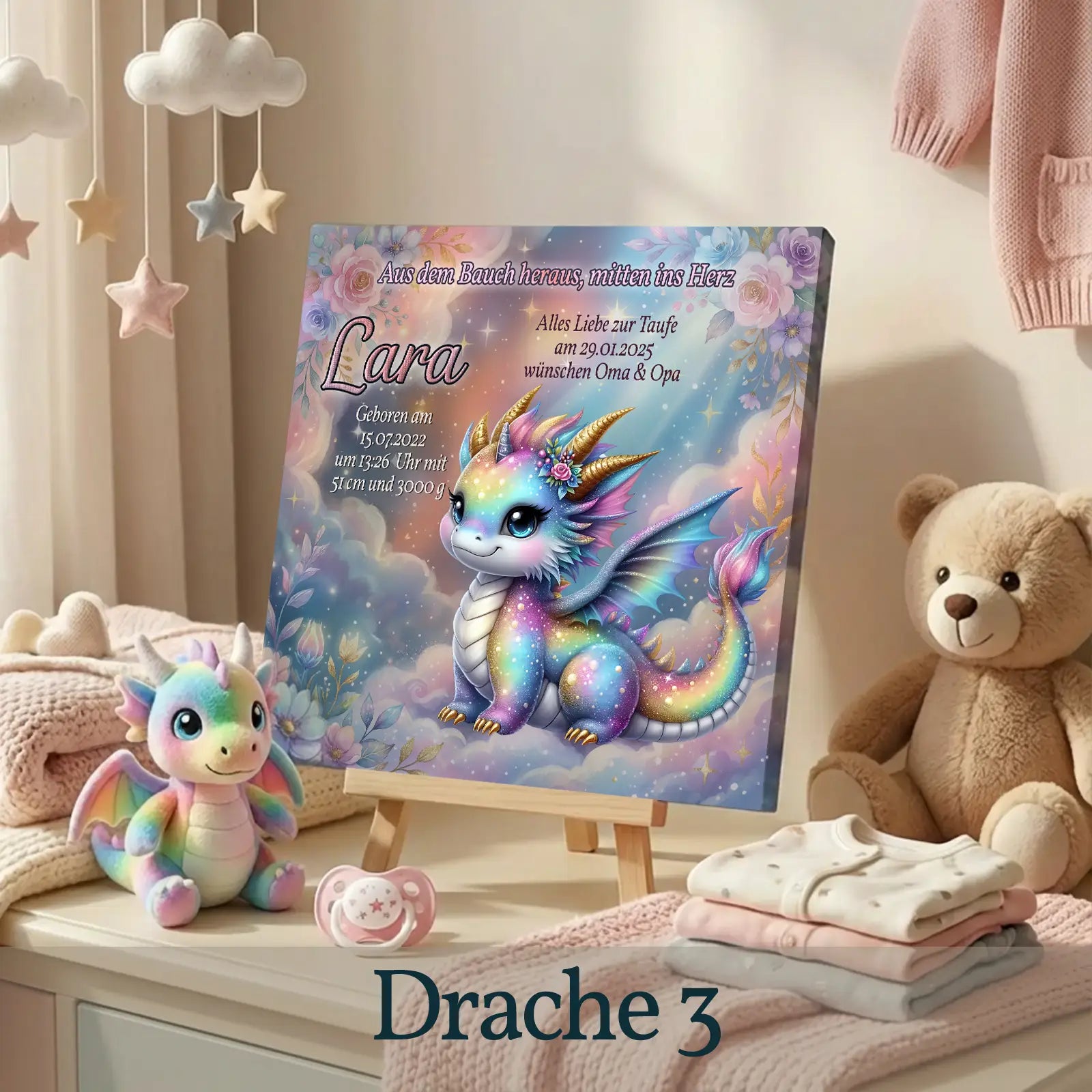 Diese personalisierte Leinwand als Geschenk zur Taufe und Geburt ist ein besonders liebevolles und einzigartiges Taufgeschenk