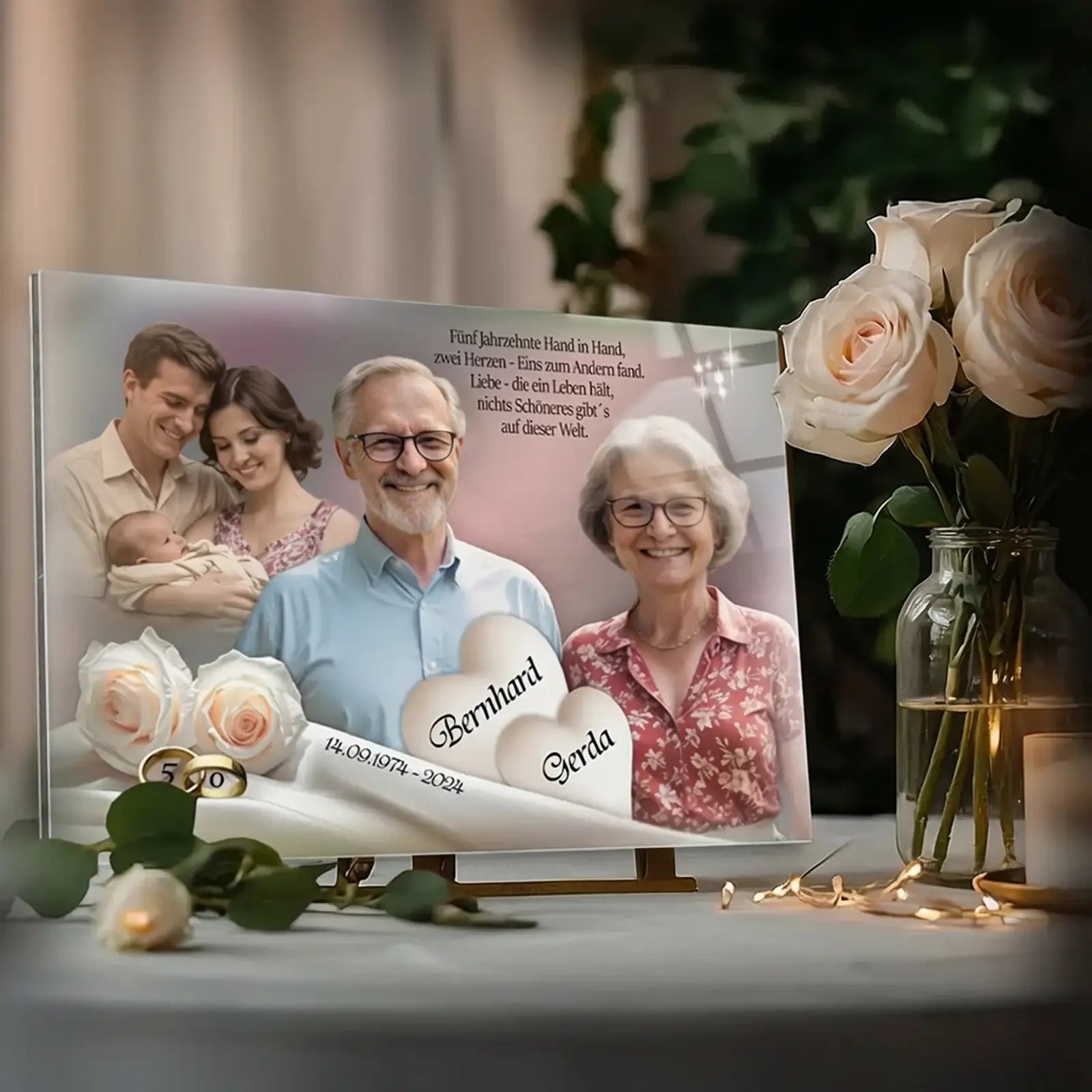 Goldene Hochzeit Geschenk-personalisiertes Acrylglasbild mit Foto zum 50. Hochzeitstag von Bernhard und Gerda, umgeben von Blumen.