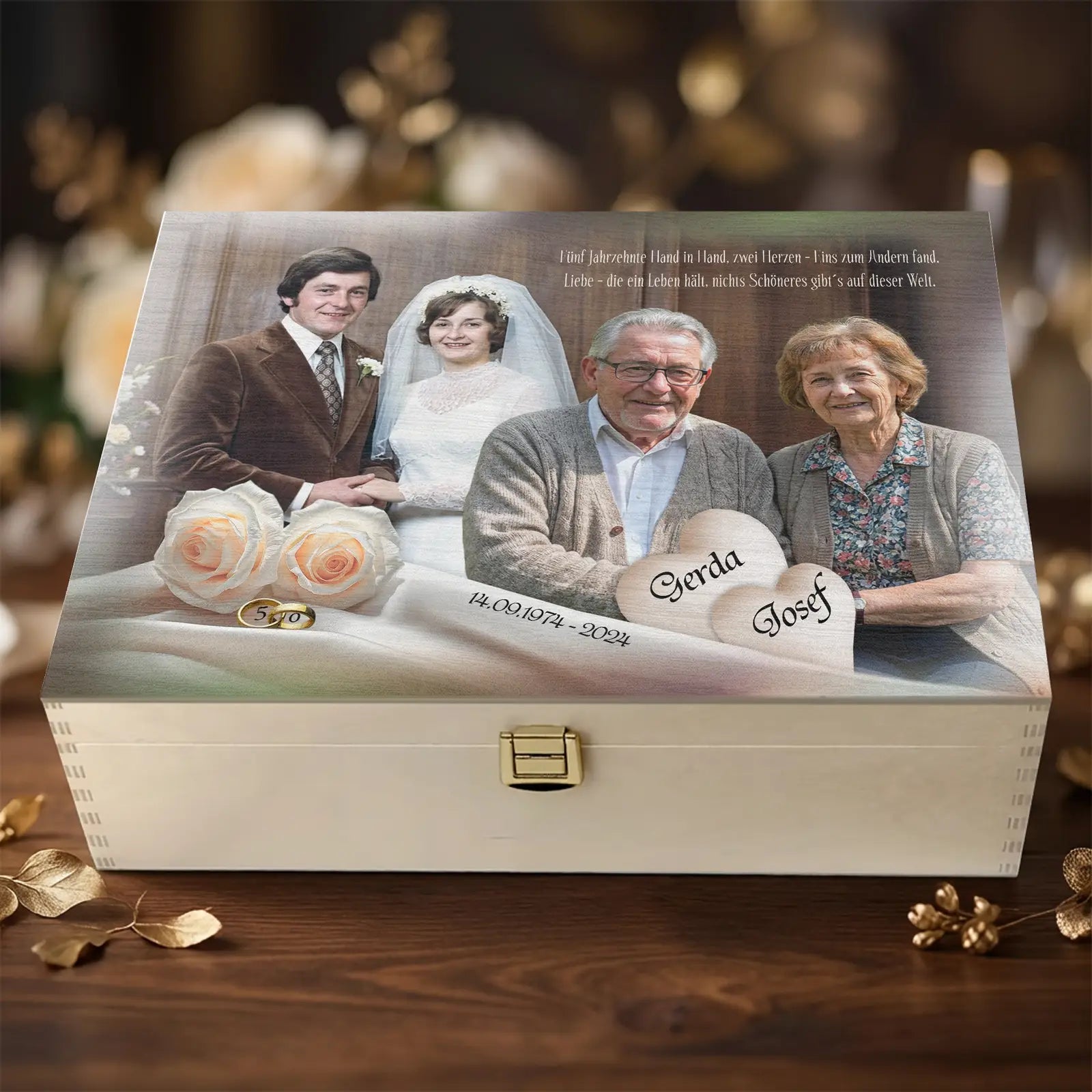 Geschenk zur Goldenen Hochzeit - personalisierte Holzbox mit Foto und Namen für 50 Jahre Ehe. Einzigartig und persönlich zum 50. Hochzeitstag.