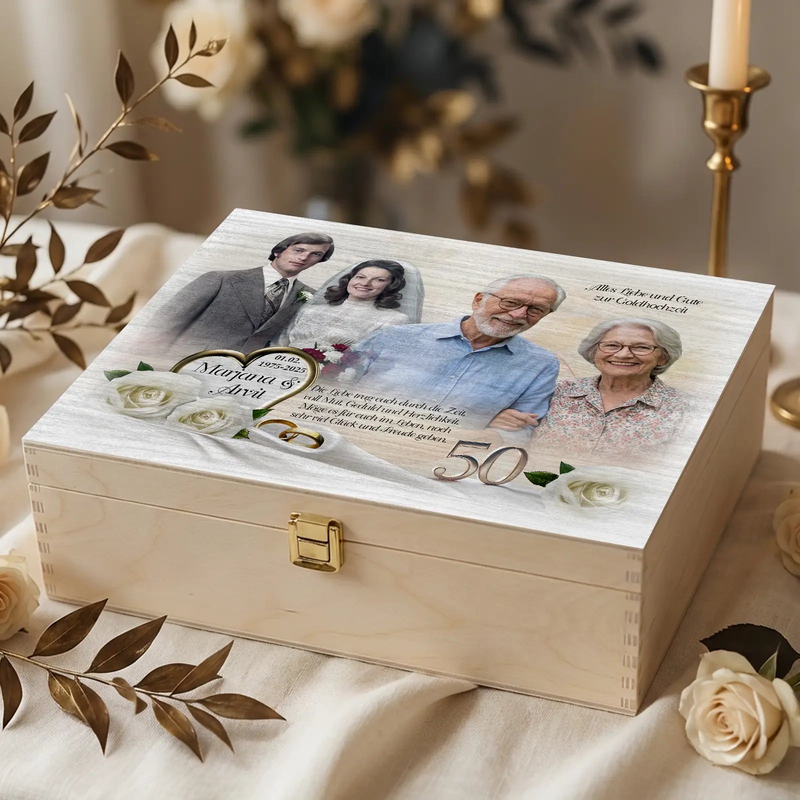 Personalisierte Holzbox als Geschenk zur Goldenen Hochzeit mit Fotocollage eines Ehepaares, Hochzeitsfoto von früher und aktuellem Porträt mit den Namen Mariana und Avil
