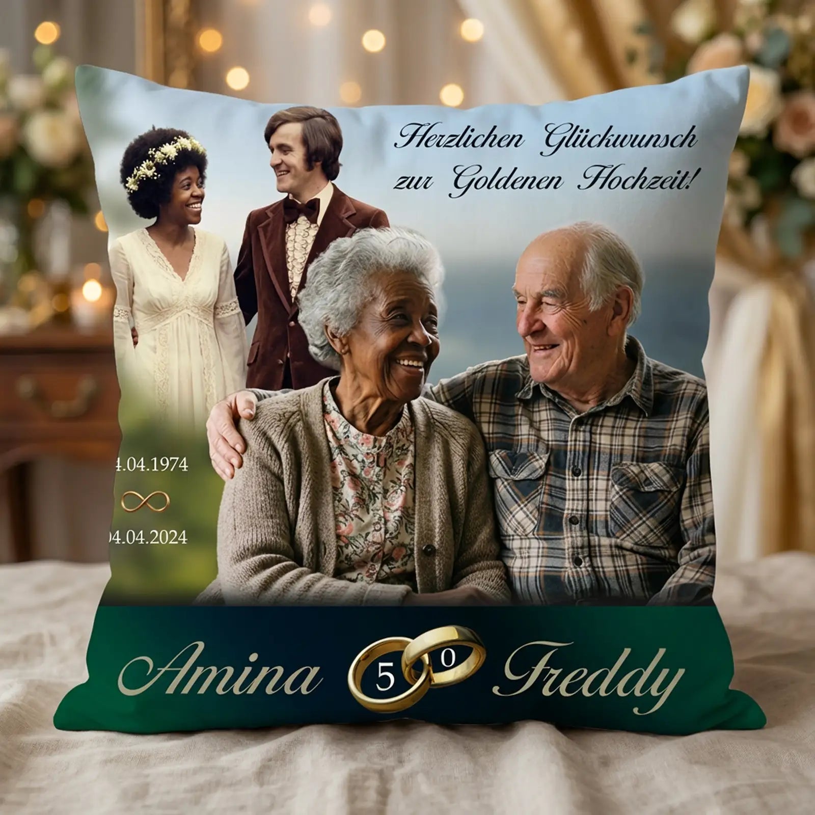 Geschenk zur Goldenen Hochzeit für Amina und Freddy. Kissen mit Foto, Namen und Widmung. Personalisert und einzigartig zum 50. Hochzeitstag.