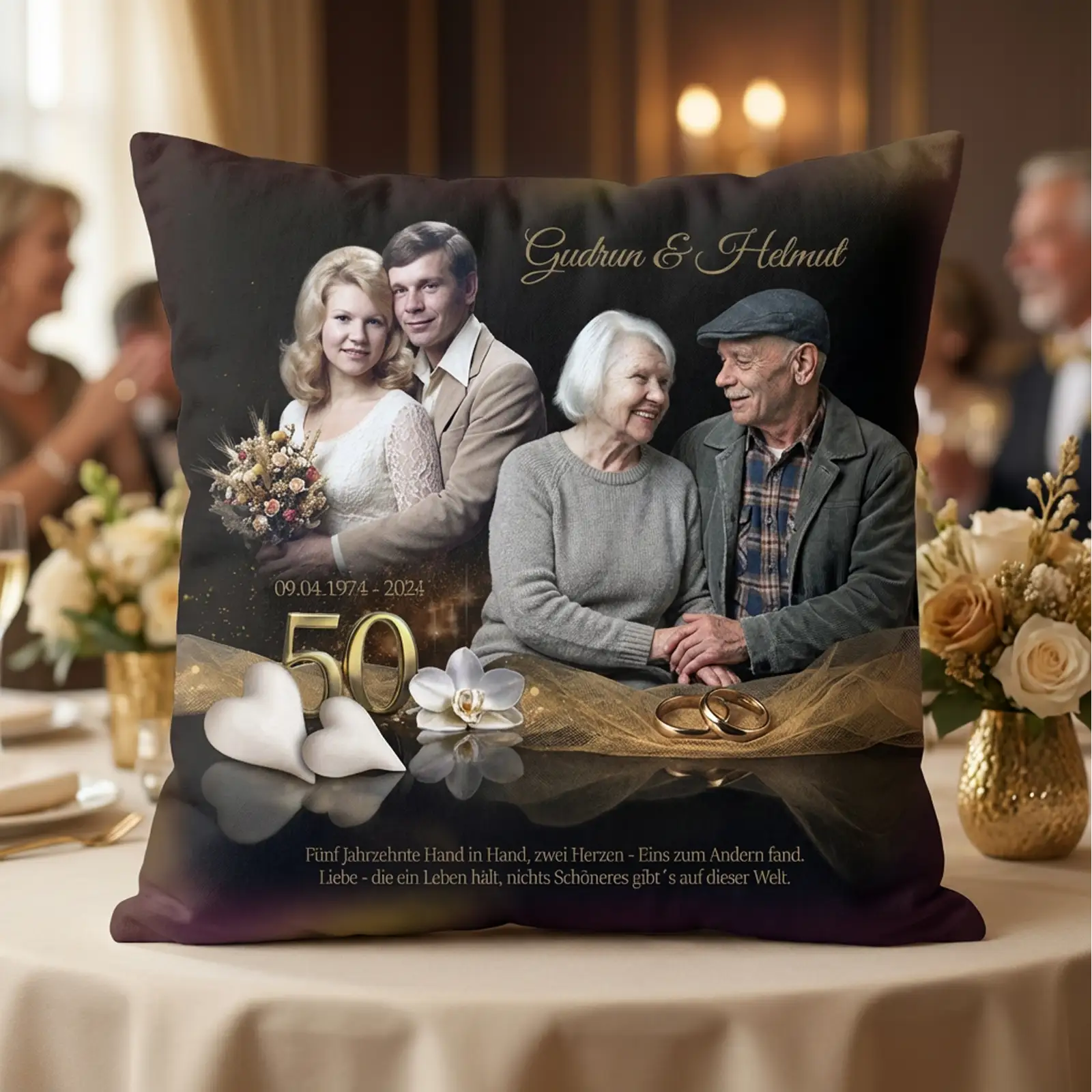 Geschenk zur Goldenen Hochzeit für Gudrun und Helmut. Kissen mit Foto, Namen und Widmung. Edel und einzigartig zum 50. Hochzeitstag.