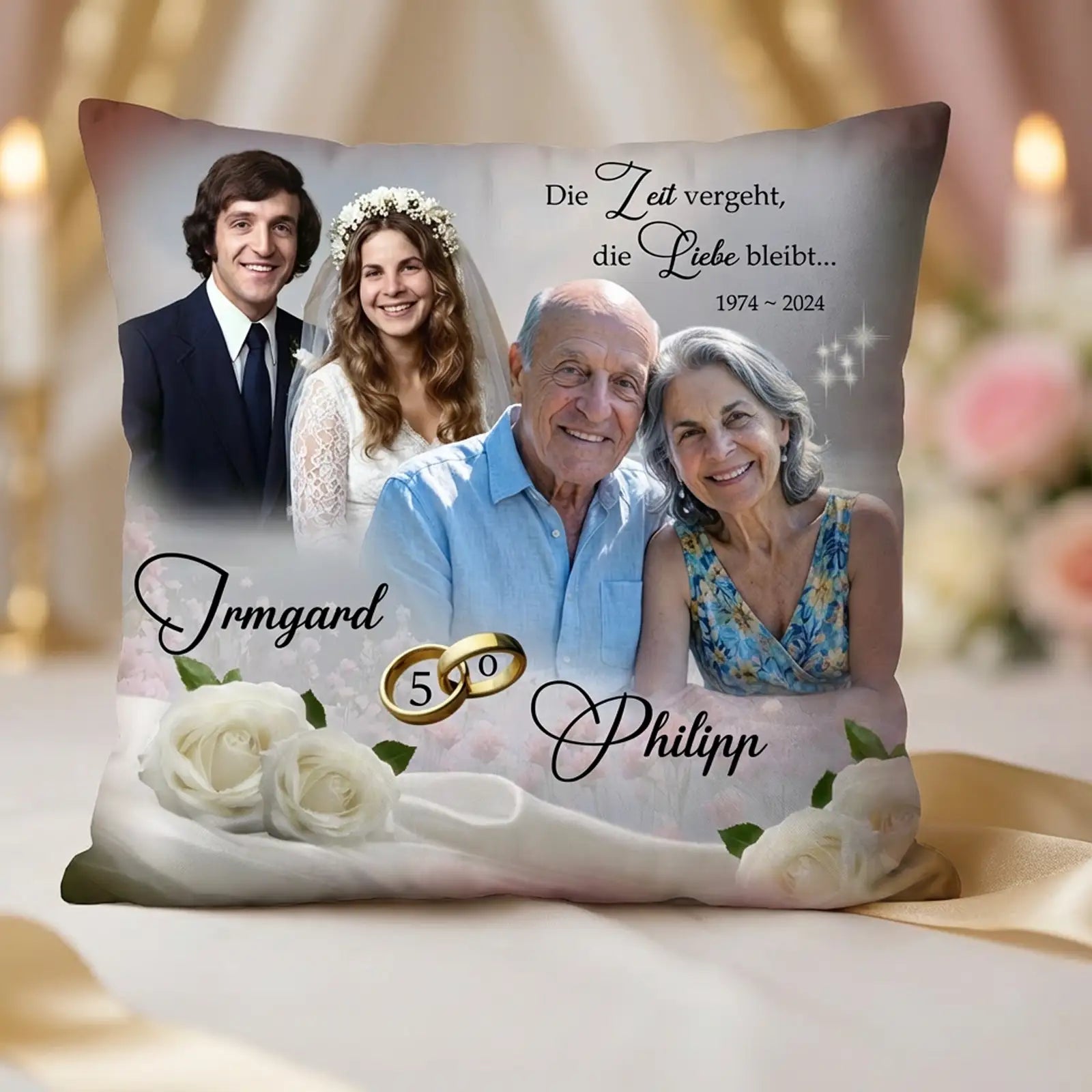 Geschenk zur Goldenen Hochzeit für Irmgard und Philipp. Kissen mit Foto, Namen und Widmung. Speziell und bezaubernd zum 50. Hochzeitstag.