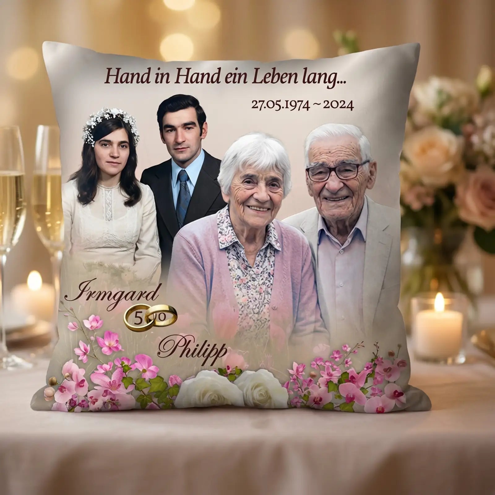 Geschenk zur Goldenen Hochzeit für Irmgard und Philipp. Kissen mit Foto, Namen und Widmung. Herzlich und romantisch zum 50. Hochzeitstag.