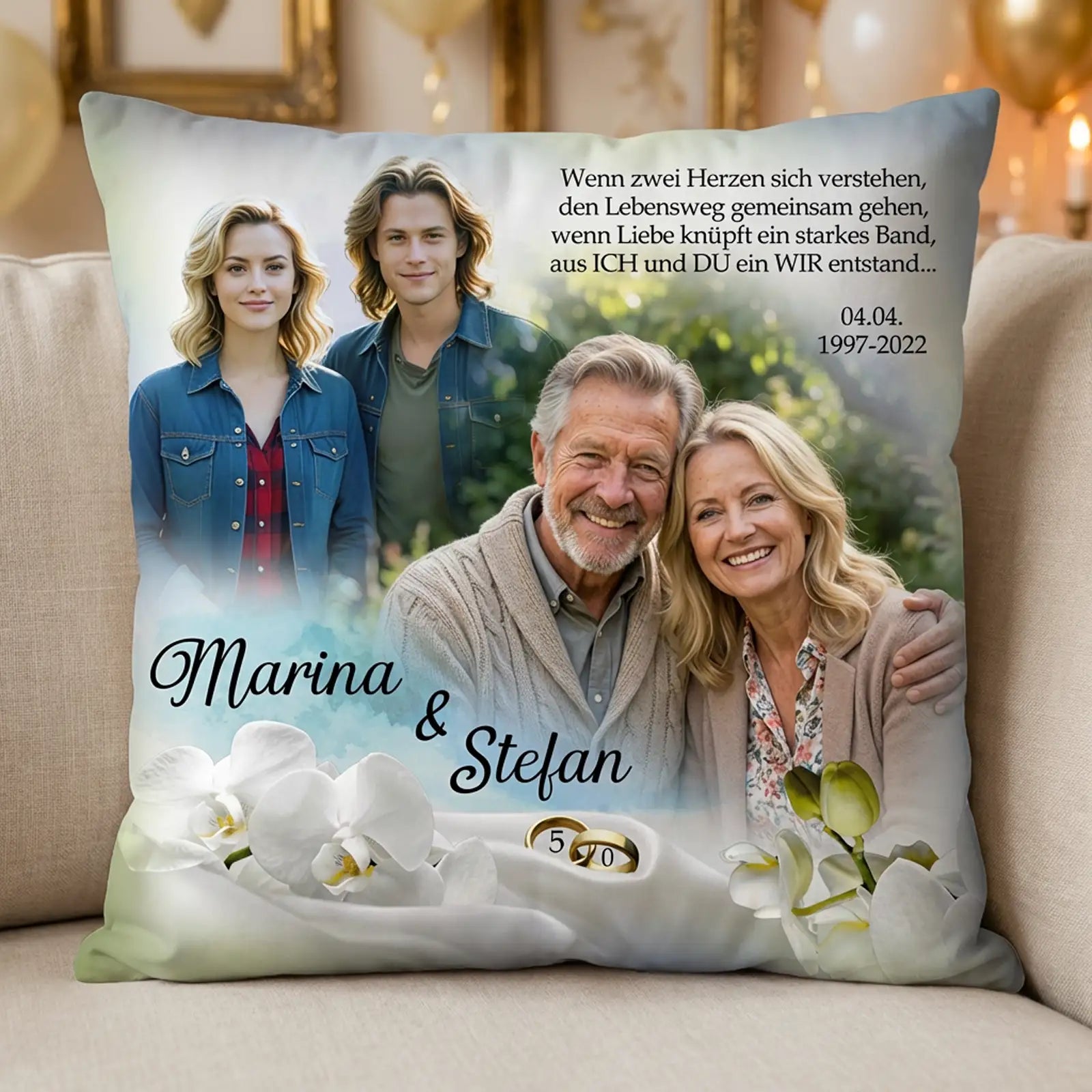 Geschenk zur Goldenen Hochzeit für Marina und Stefan. Kissen mit Foto, Namen und Widmung. Romantisch und exklusiv zum 50. Hochzeitstag.