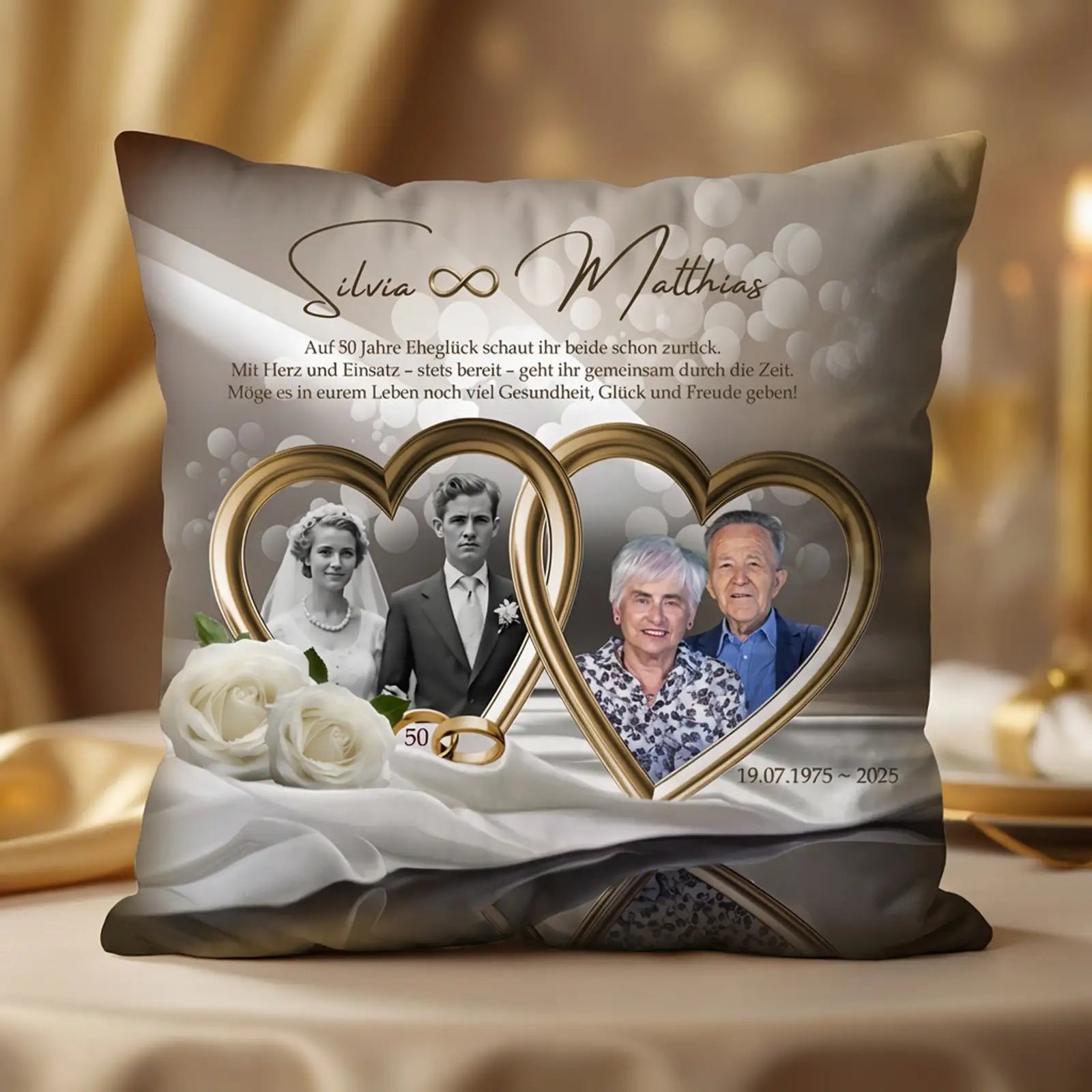 Geschenk zur Goldenen Hochzeit für Silvia und Matthias. Kissen mit Foto, Namen und Widmung. Romantisch und originell zum 50. Hochzeitstag.