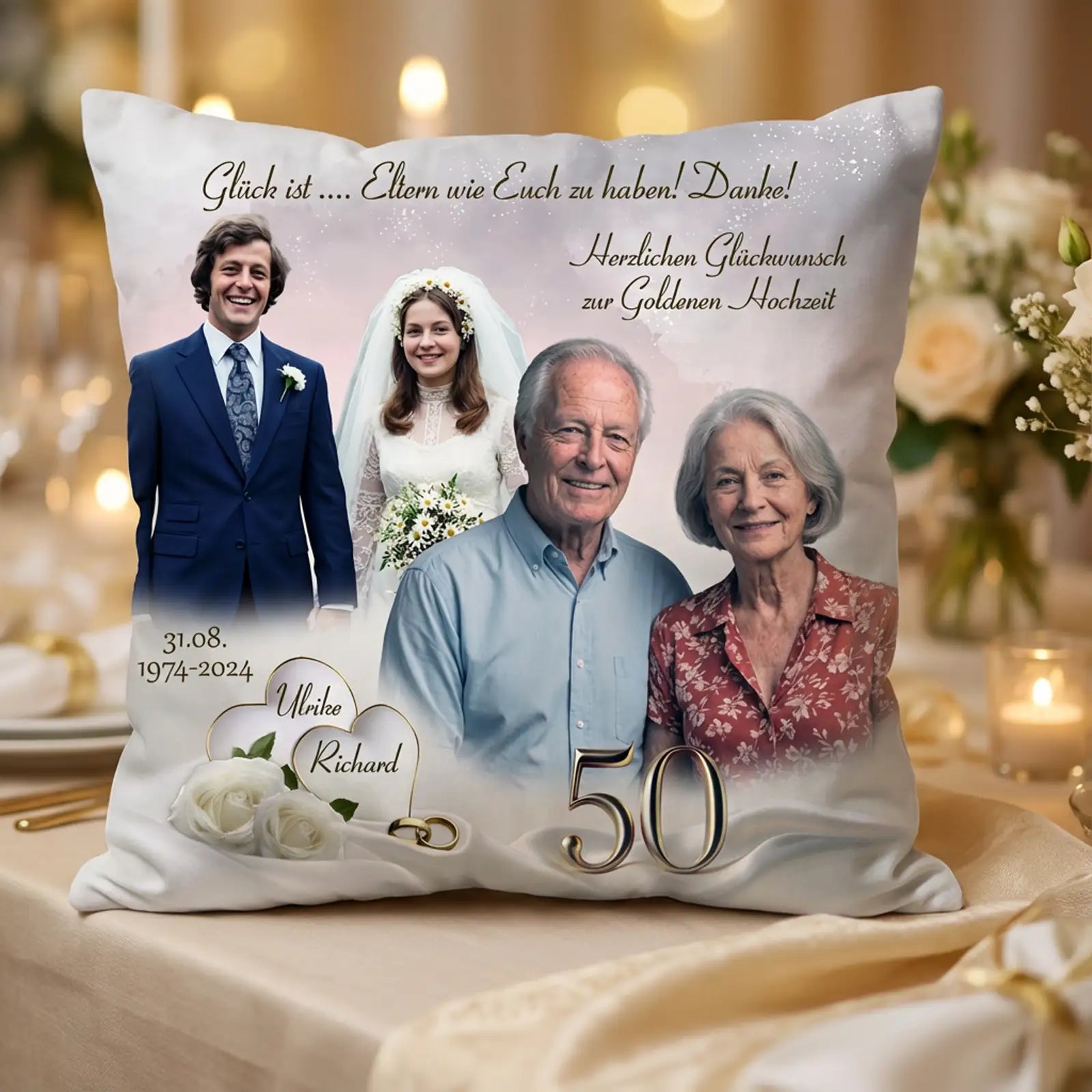 Geschenk zur Goldenen Hochzeit für Ulrike und Richard. Kissen mit Foto, Namen und Widmung. Emotional und einzigartig zum 50. Hochzeitstag.