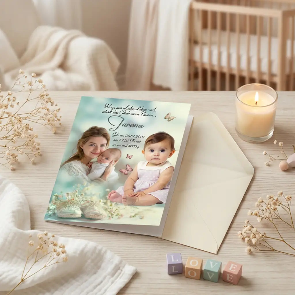 Geburtskarte Mädchen mit Mutter, Baby, Schmetterlingen und Babyschuhen, personalisiert