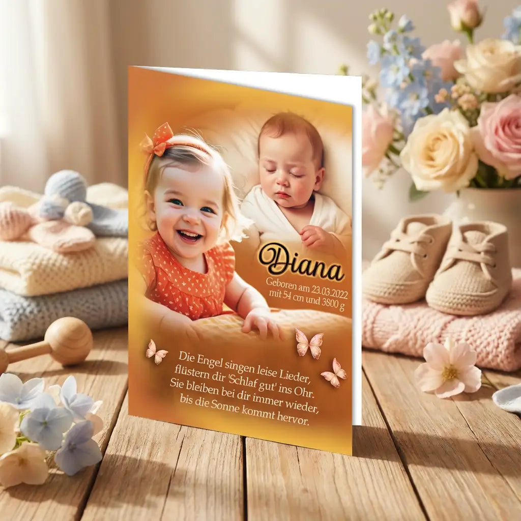 Geburtskarte Mädchen mit lachendem Kind, schlafendem Baby, Schmetterlingen und Text auf Orange.