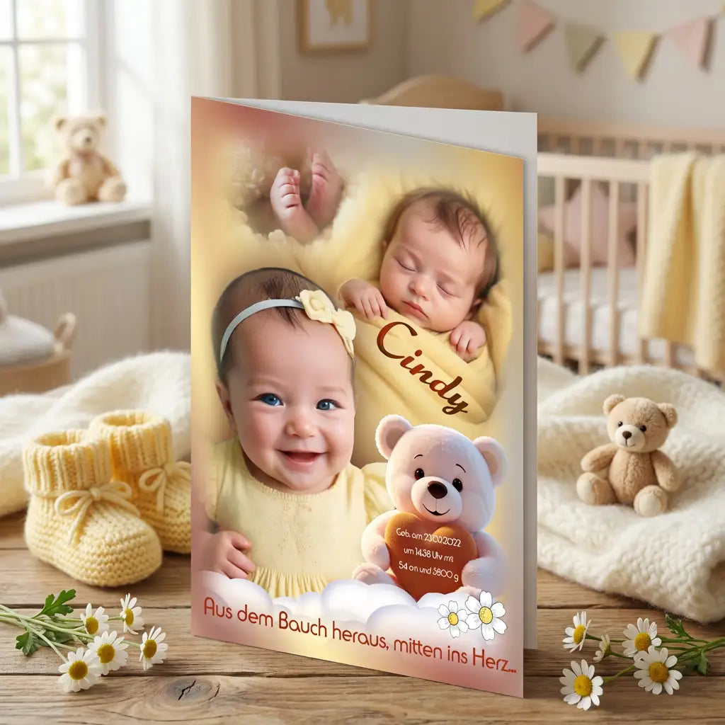 Grußkarte zur Geburt Mädchen mit Babyfotos, Teddybär und gelbem Hintergrund