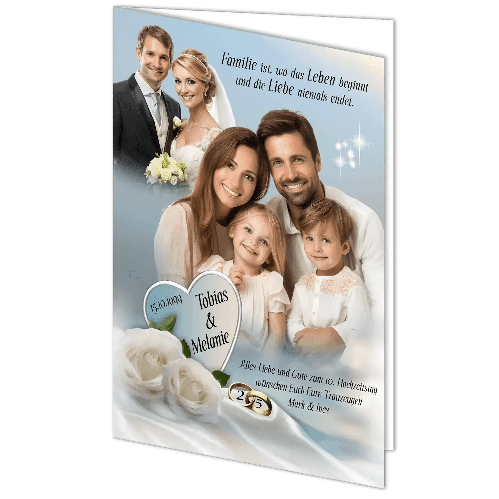 Personalisierte Glückwunschkarte zur Silberhochzeit mit Hochzeits- und Familienfoto, Namen, Datum, Spruch, weißen Rosen, Eheringen und Herz