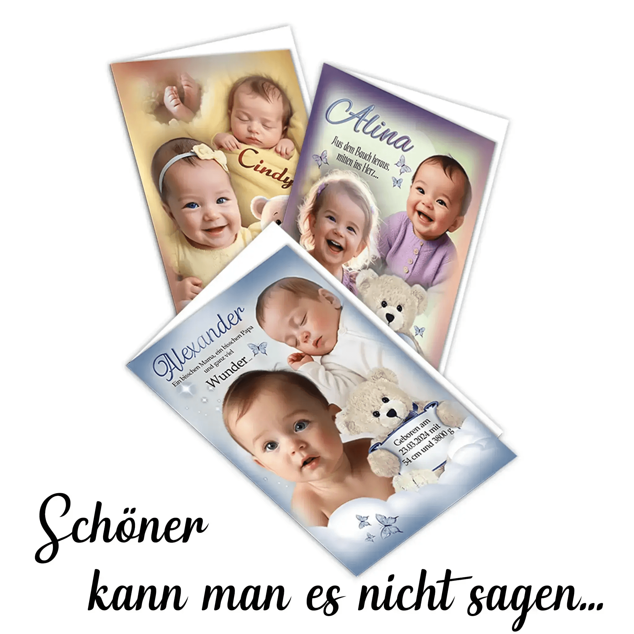 Grußkarten Sammelvorschau mit drei Babykarten und dem Text "schöner kann man es nicht sagen"