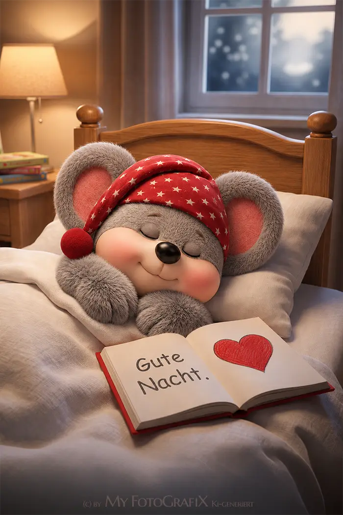 Niedliche Maus mit Schlafmütze und Buch 'Gute Nacht' – perfektes Fotogeschenk mit Herz