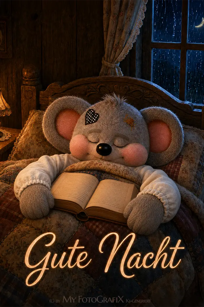 Süßer Maus-Plüsch schlafend im Bett mit Buch, 'Gute Nacht' – perfektes Fotogeschenk mit Herz