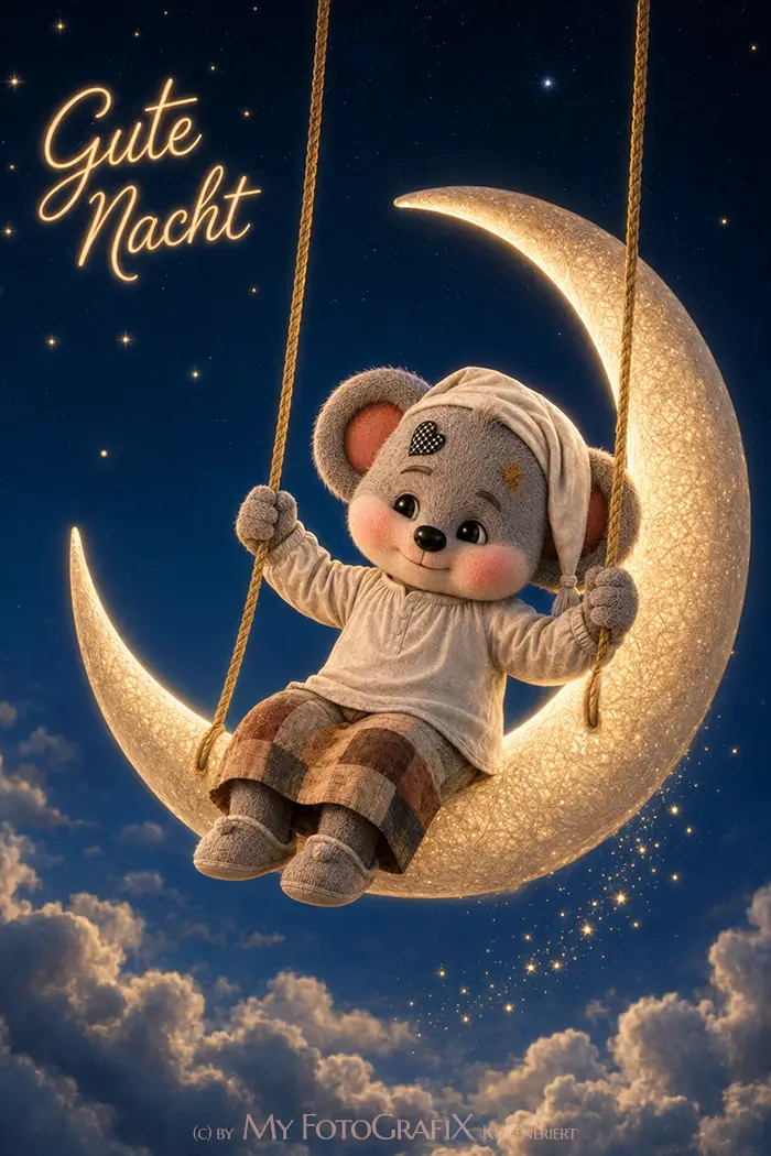 Süße Maus im Schlafanzug auf Mondschaukel, Gute Nacht Motiv für Kinderzimmer, personalisierbares Fotogeschenk