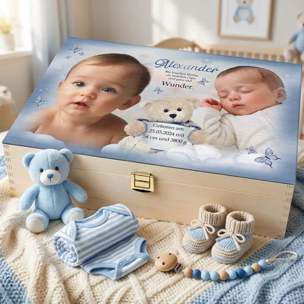 Holzbox zur Geburt oder Taufe mit Babyfoto, Teddybär, Name Alexander, Schmetterlingen, Geburtsdaten