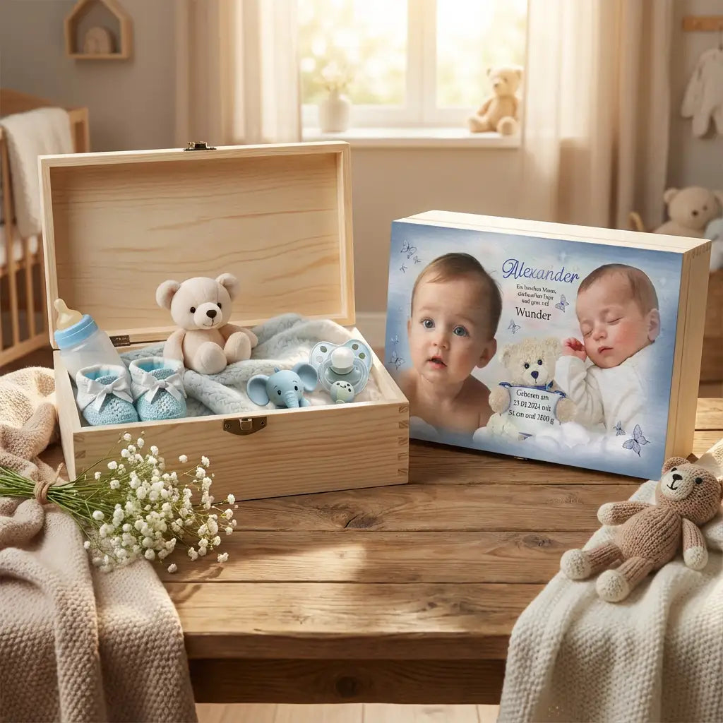 Personalisierte Holzbox zur Geburt oder Taufe mit Babyfotos, Teddybär und Schmetterlingen.