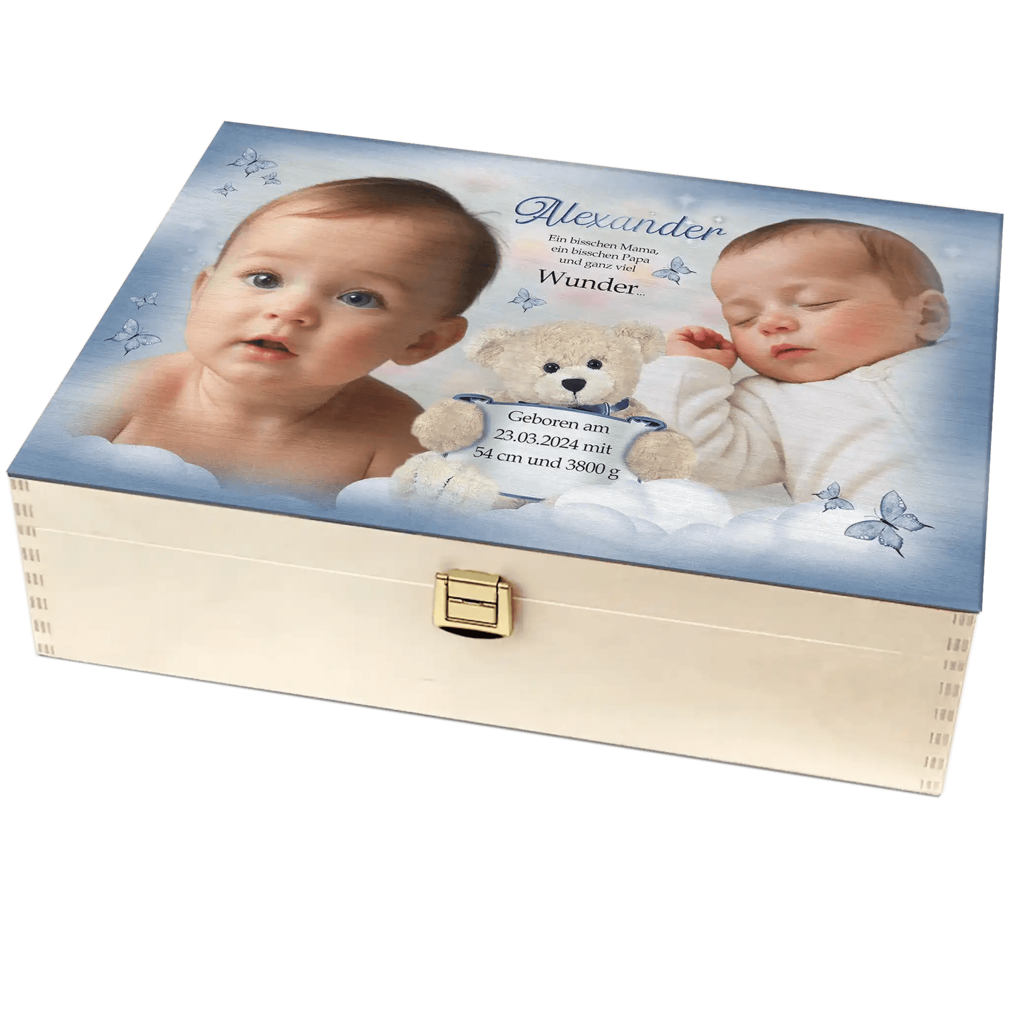 Traumhafte Holzbox für Erinnerungen an Babys erste Monate. Fotos, Namen, Geburtstdaten, Zitat. Ideals Geschenk zur Geburt oder Taufe.