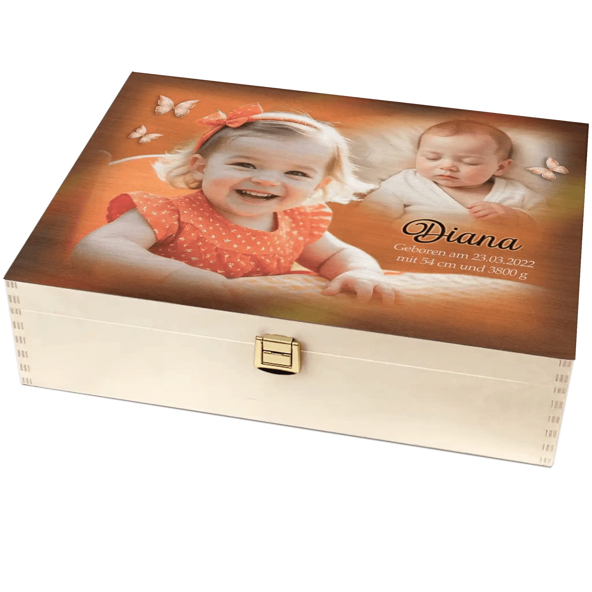 Bunte Holzbox für Erinnerungen an Babys erstes Lebensjahr. Fotos, Namen, Geburtstdaten, Zitat. Ideals Geschenk zur Geburt oder Taufe.