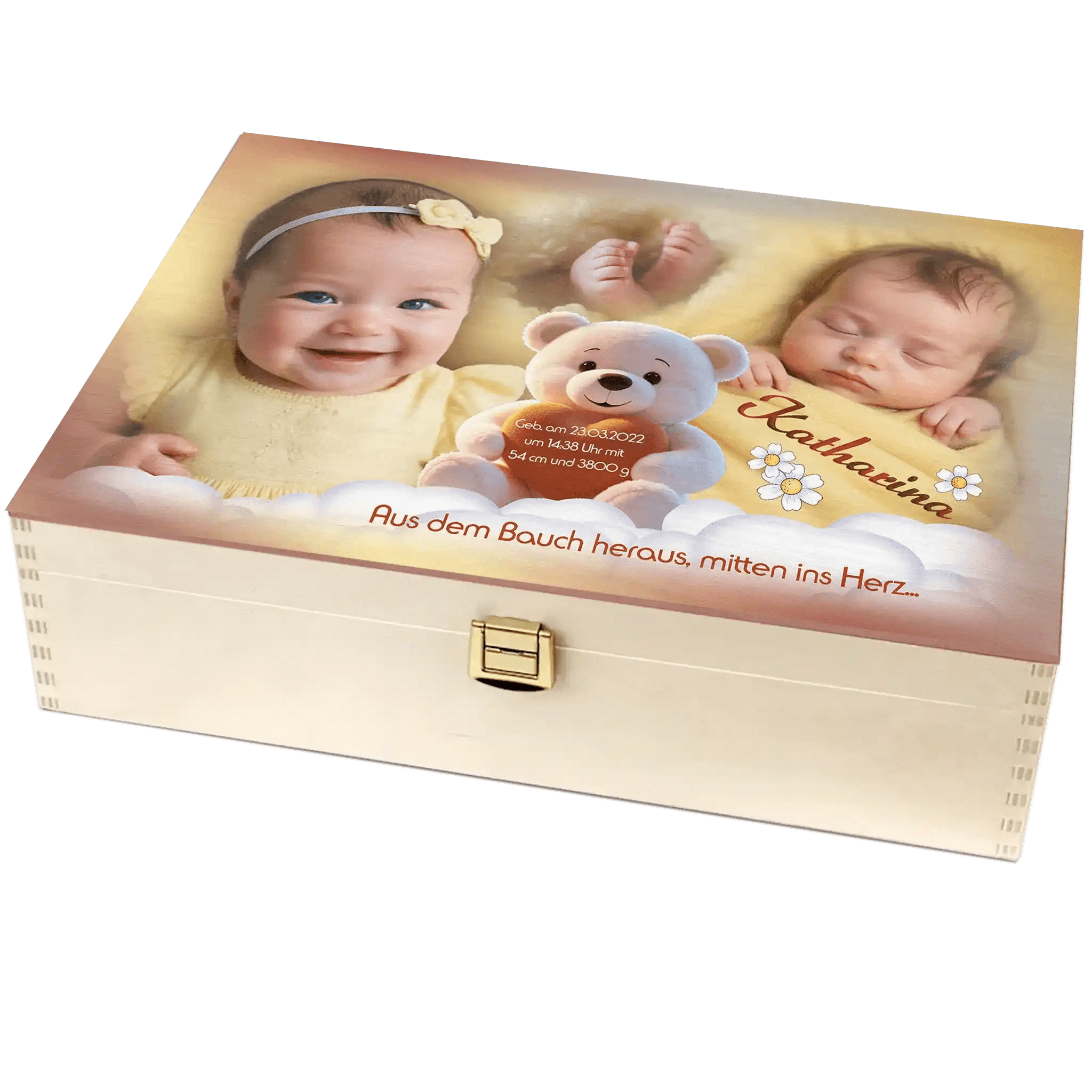 Herzige Holzbox für Erinnerungen an Babys erste Monate. Fotos, Namen, Geburtstdaten, Zitat. Ideals Geschenk zur Geburt oder Taufe.