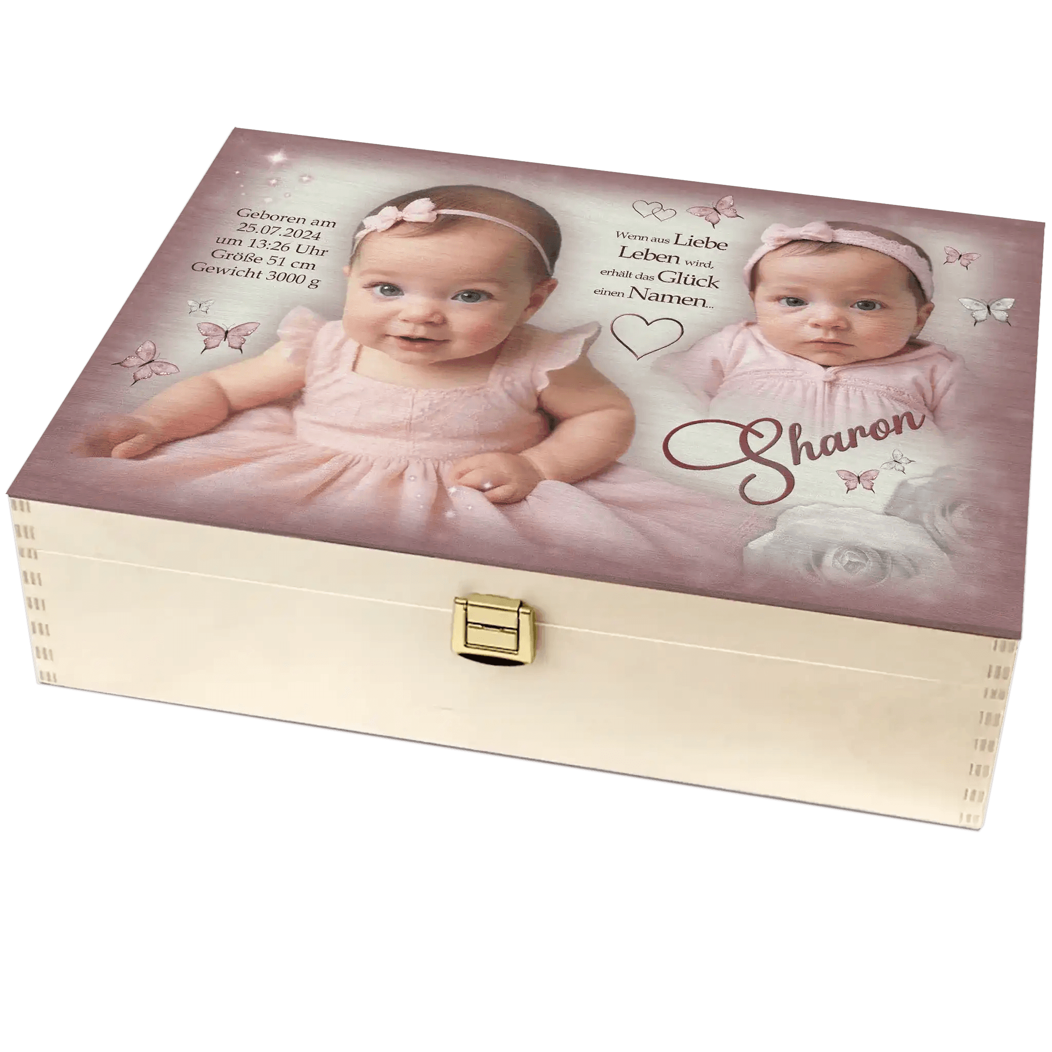 Traumhafte Holzbox für Erinnerungen an Babys erste Monate. Fotos, Namen, Geburtstdaten, Zitat. Ideals Geschenk zur Geburt oder Taufe.