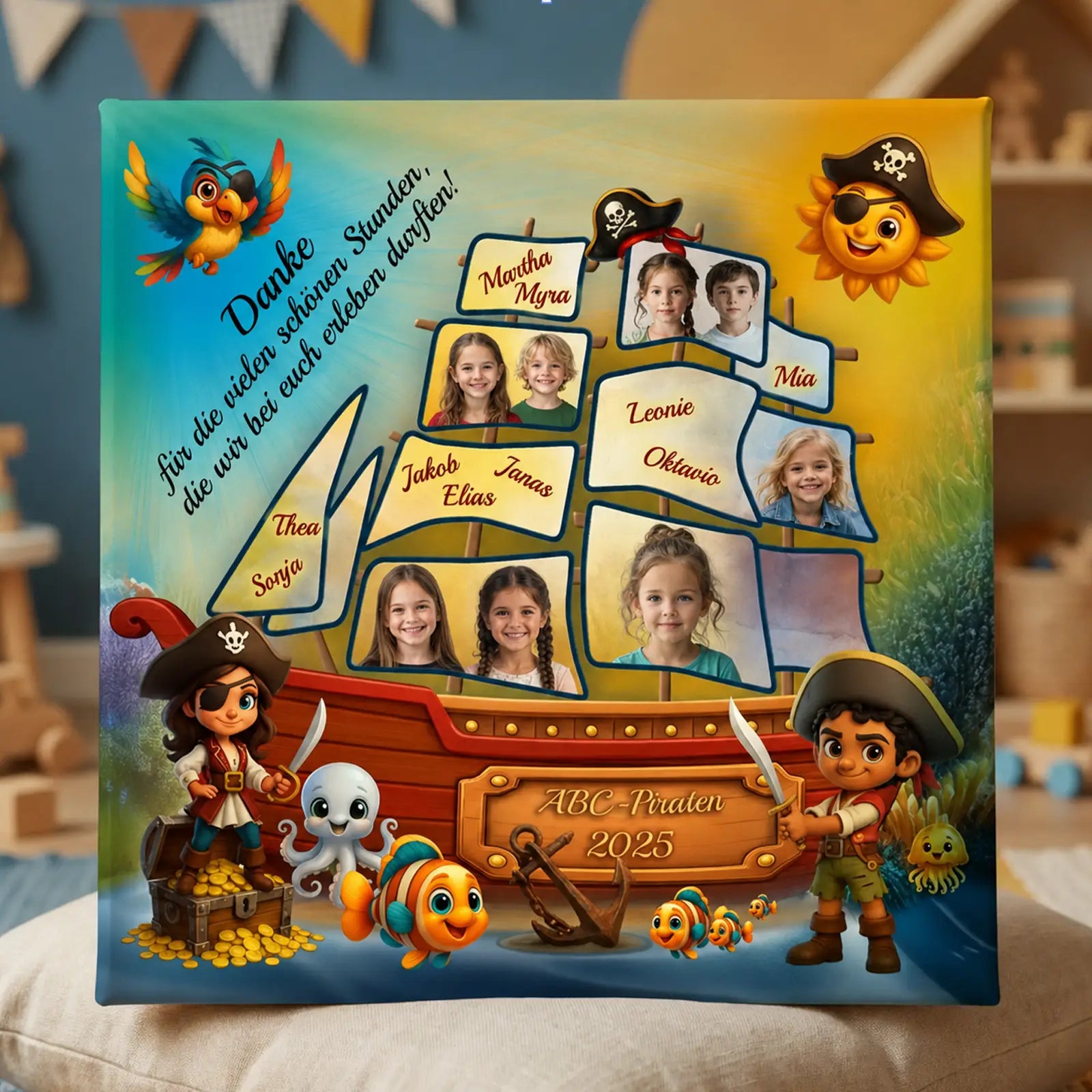Personalisierte Piraten-Leinwand mit Schiff und Kinderfotos als Abschiedsgeschenk für Kindergarten 2025