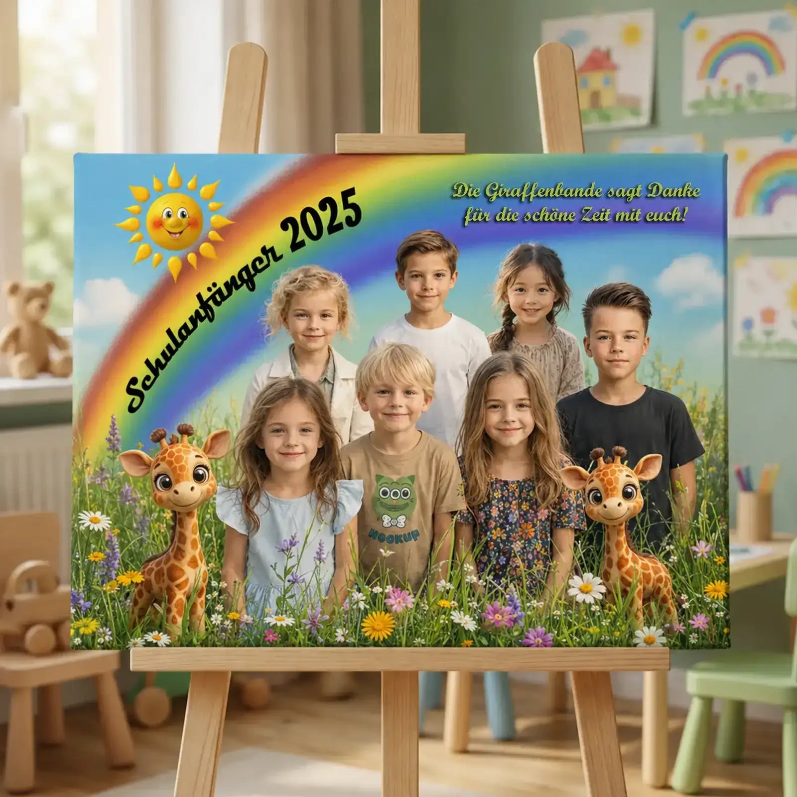 Geschenk zum Kindergartenabschied - Leinwand mit Gruppenfoto und buntem Design für Schulanfänger 2025.