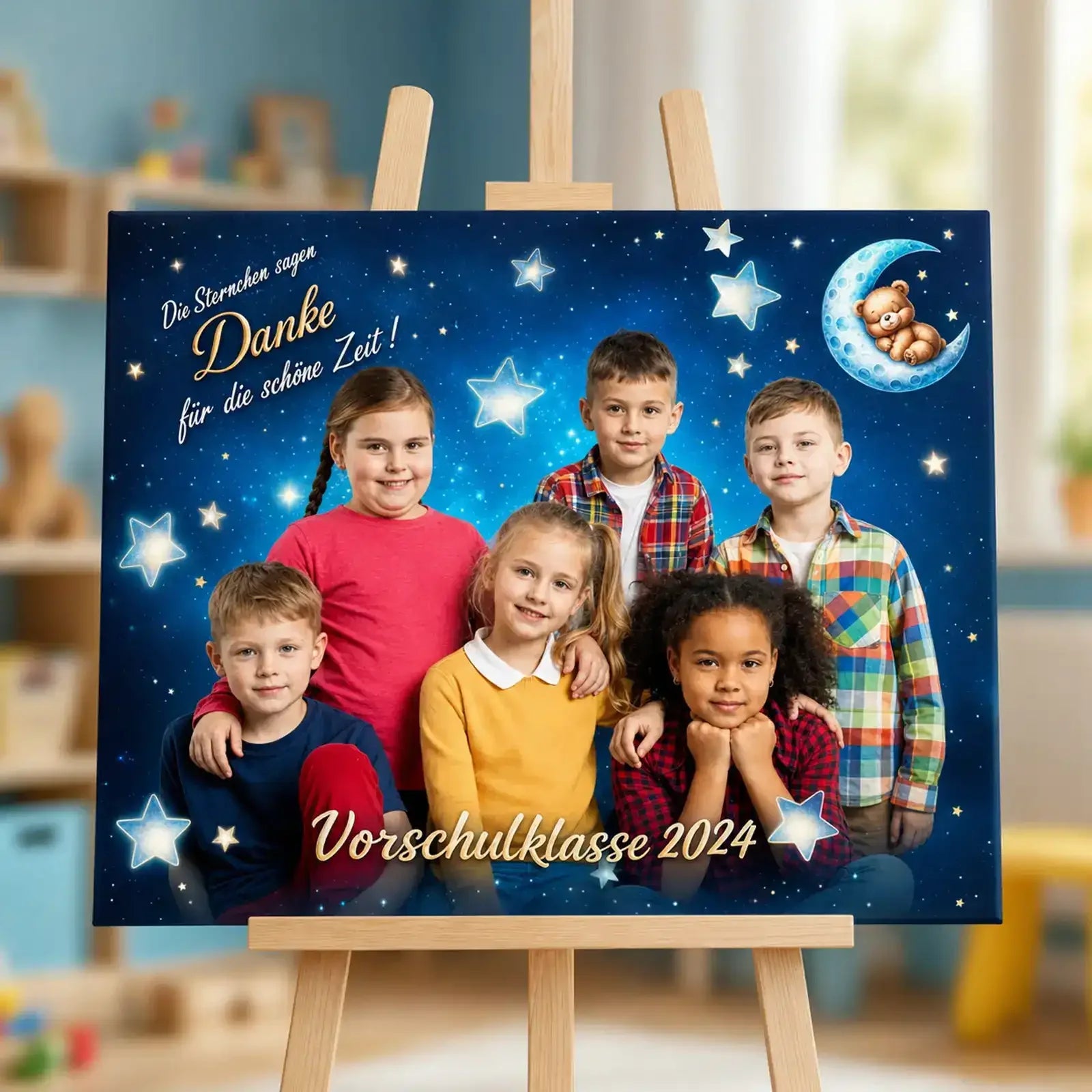 Geschenk zum Kindergartenabschied - Leinwand mit Vorschulklasse 2024 Gruppenfoto und Dankesbotschaft.