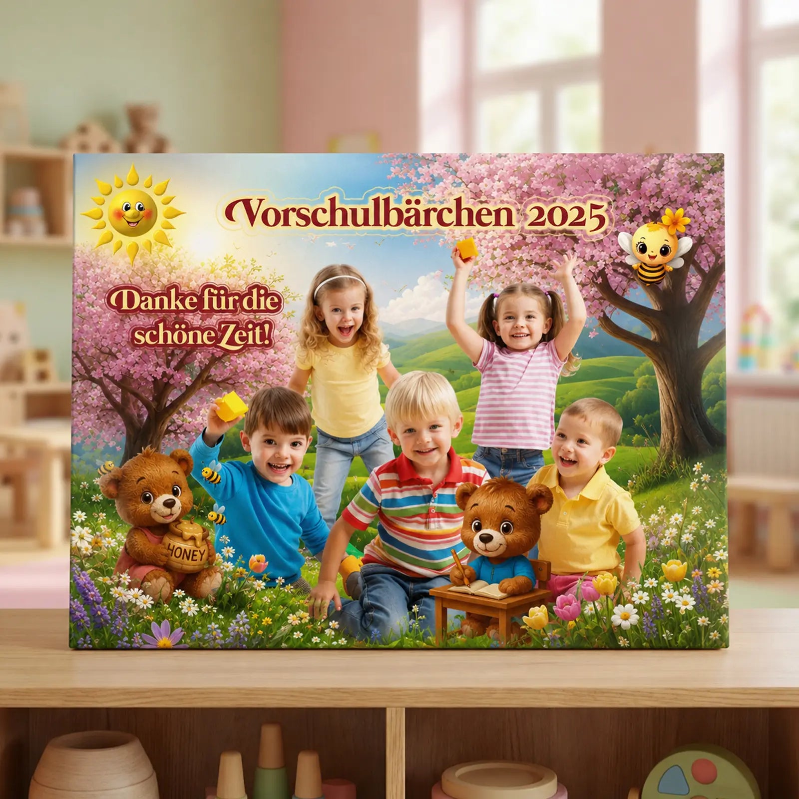 Geschenk zum Kindergartenabschied - Leinwand mit Vorschulkindern im Frühlingsgarten