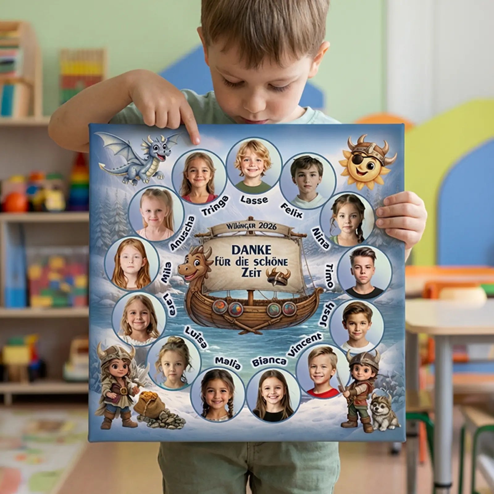 Abschiedsgeschenk für Kindergarten Erzieher und Erzieherinnen. Personalsierste Leinwand mit Fotos alle Kinder zum Thema Wikinger.