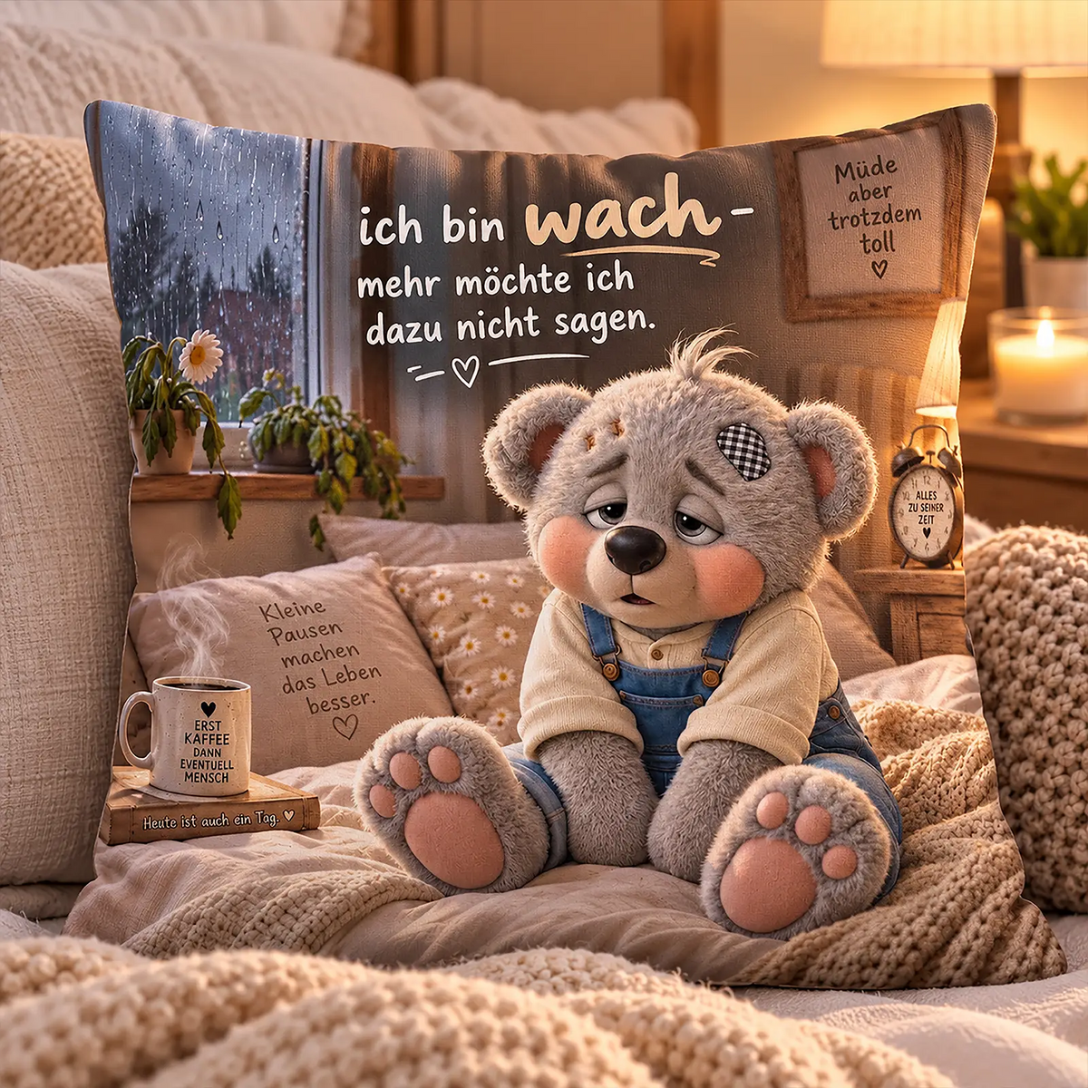 Creddy Teddy Kissen als lustiges Geschenk zum Geburtstag für Morgenmuffel – Ich bin wach mehr möchte ich dazu nicht sagen