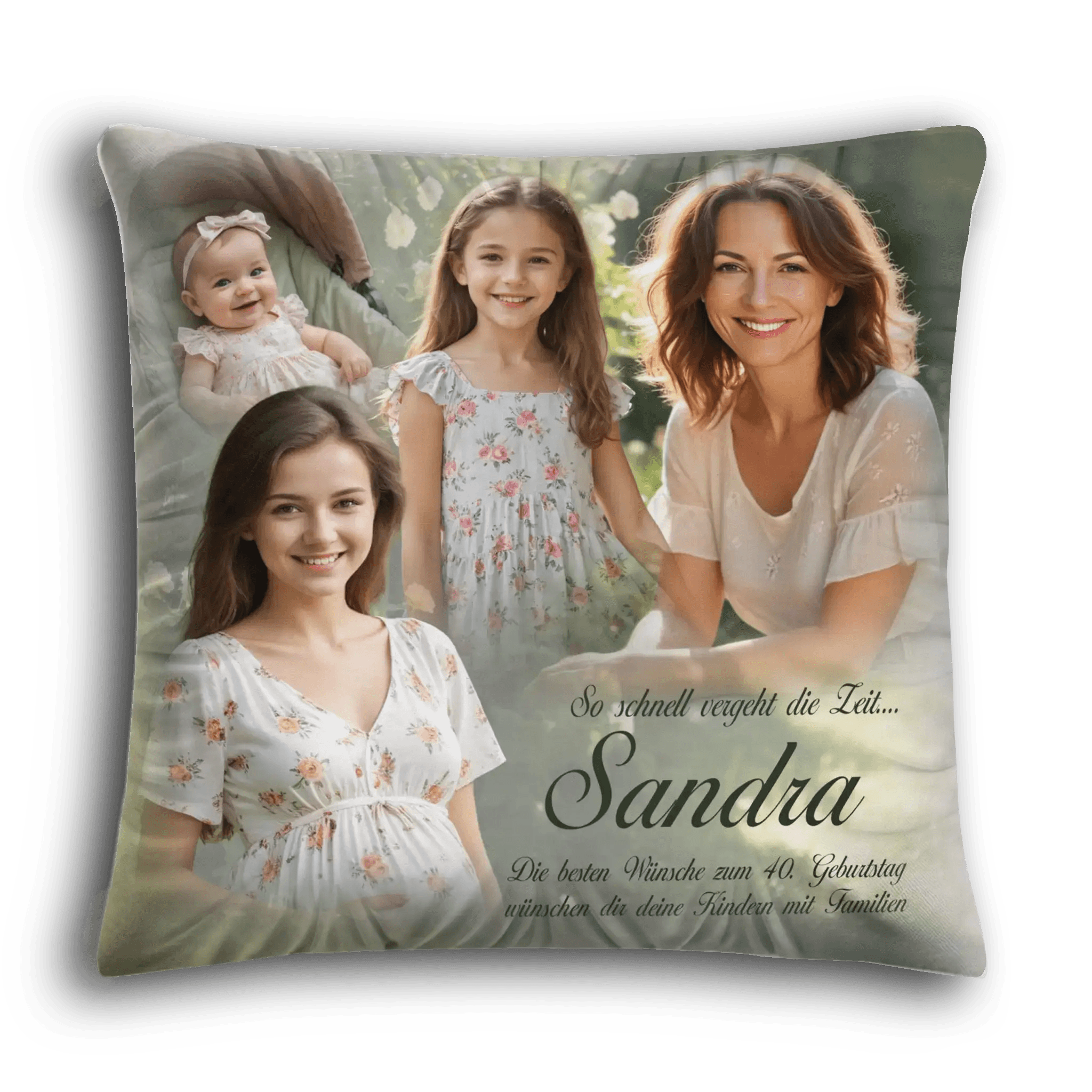 Stilvoll bedrucktes Kissen zum runden Geburtstag mit personalisierten Fotos und individueller Nachricht, perfektes Geschenk für einen besonderen Anlass