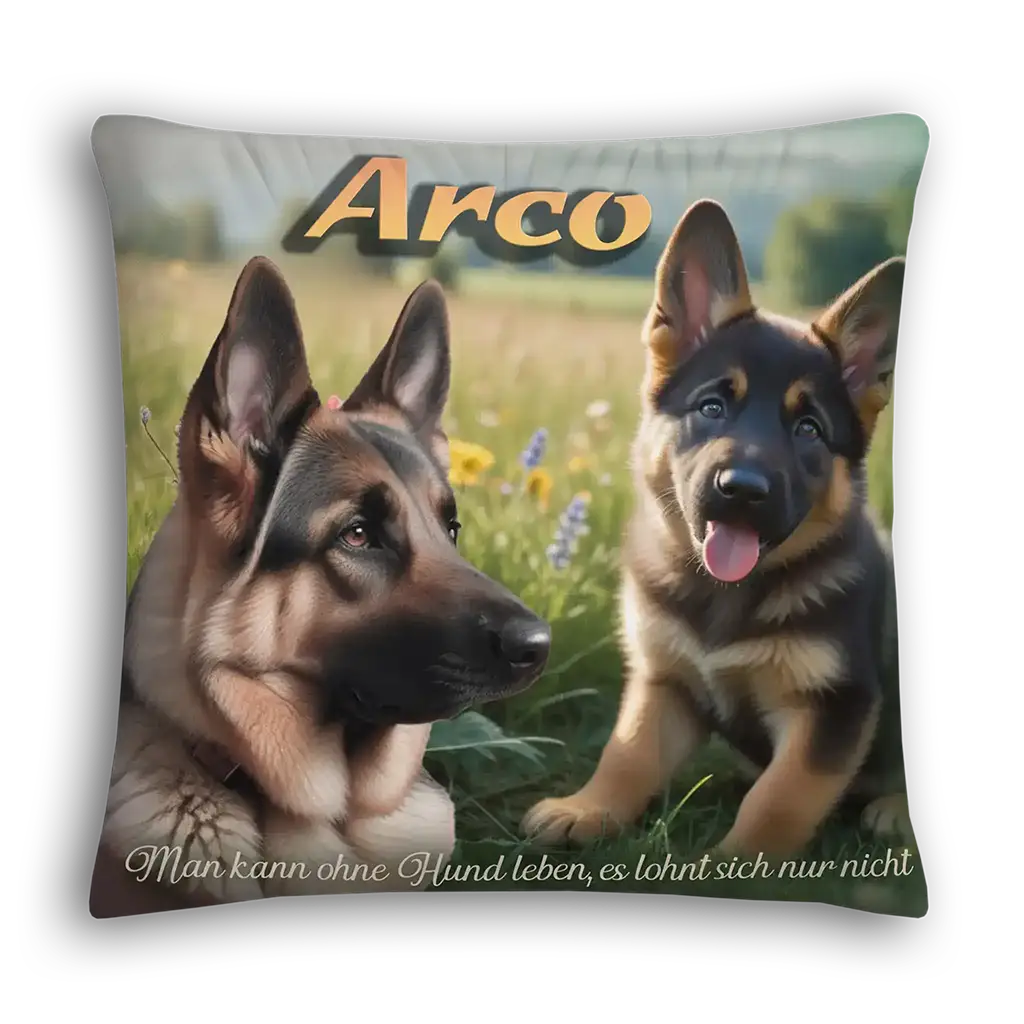 Kissen mit Schäferhund-Motiven, Blumenwiese, Name Arco, Spruch über Hundeliebe
