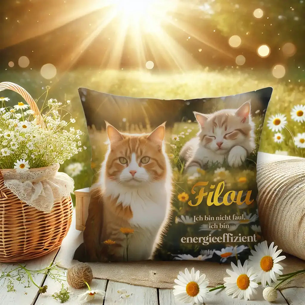 Kissen mit zwei rot-weißen Katzen auf einer Blumenwiese, Text Filou, energiesparend, dekorativ