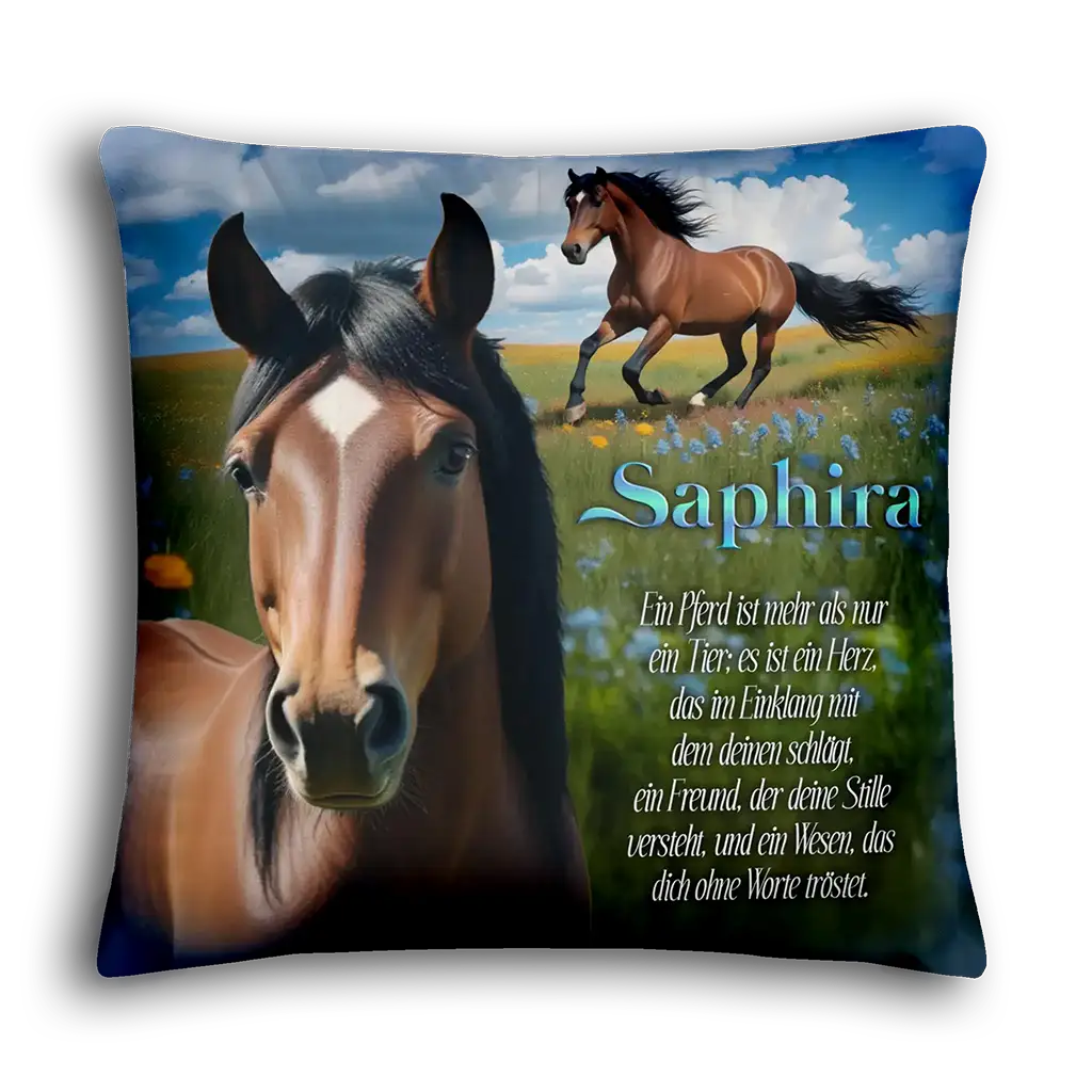 Kissen mit Pferde-Motiv, Name Saphira, Blumenwiese, Himmel und Spruch in deutscher Sprache